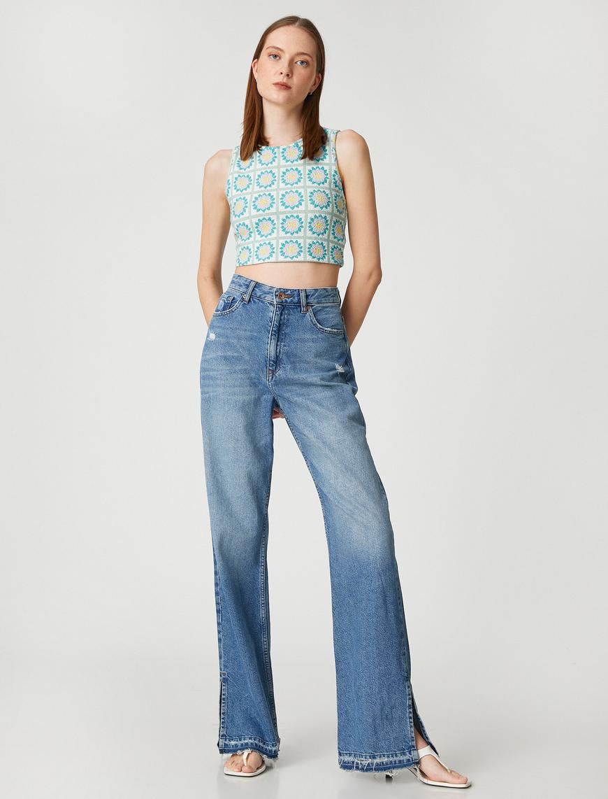   Çiçekli Crop Bluz Kolsuz Bisiklet Yaka