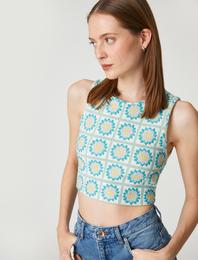 Çiçekli Crop Bluz Kolsuz Bisiklet Yaka