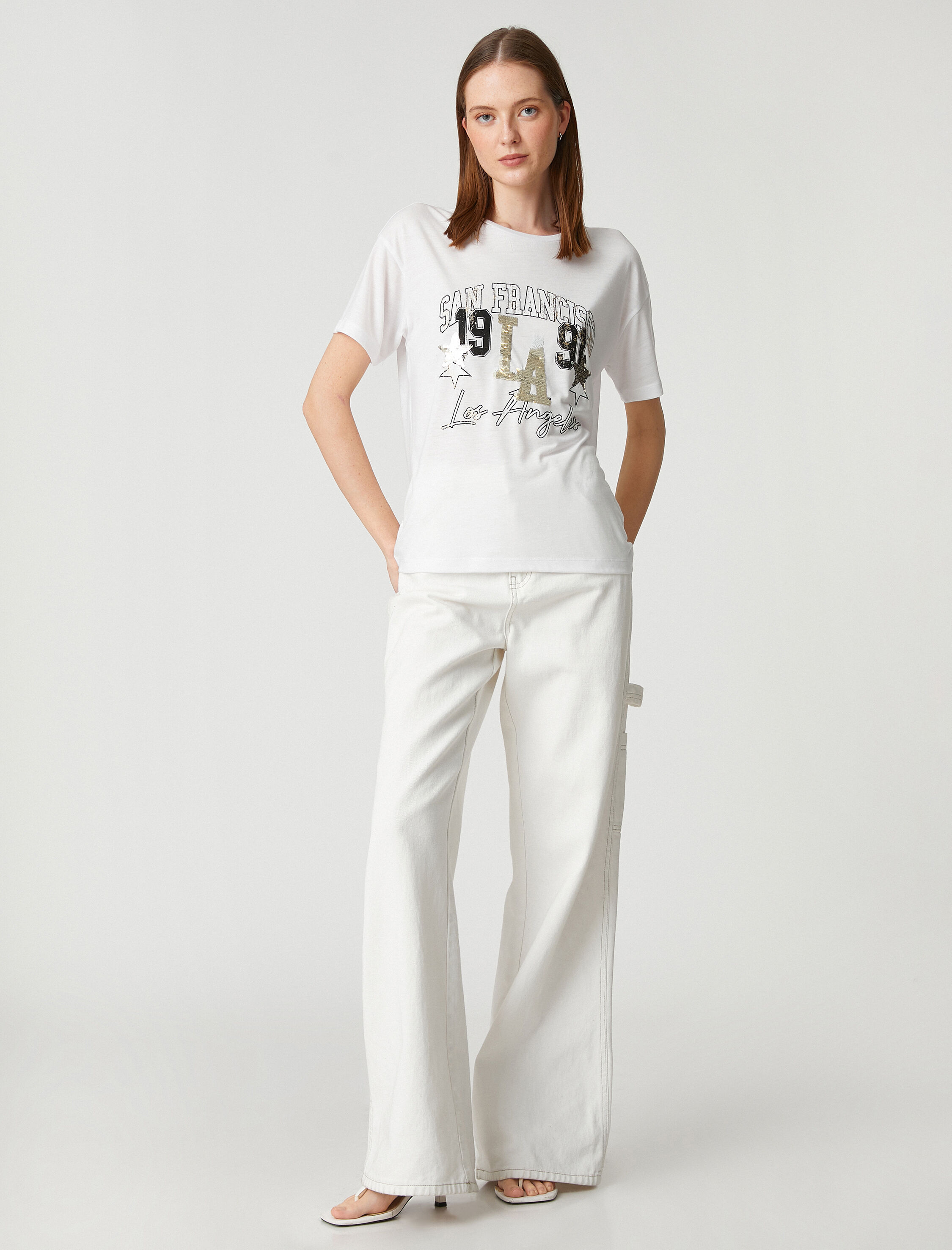 Payetli Tişört Kısa Kollu Bisiklet Yaka