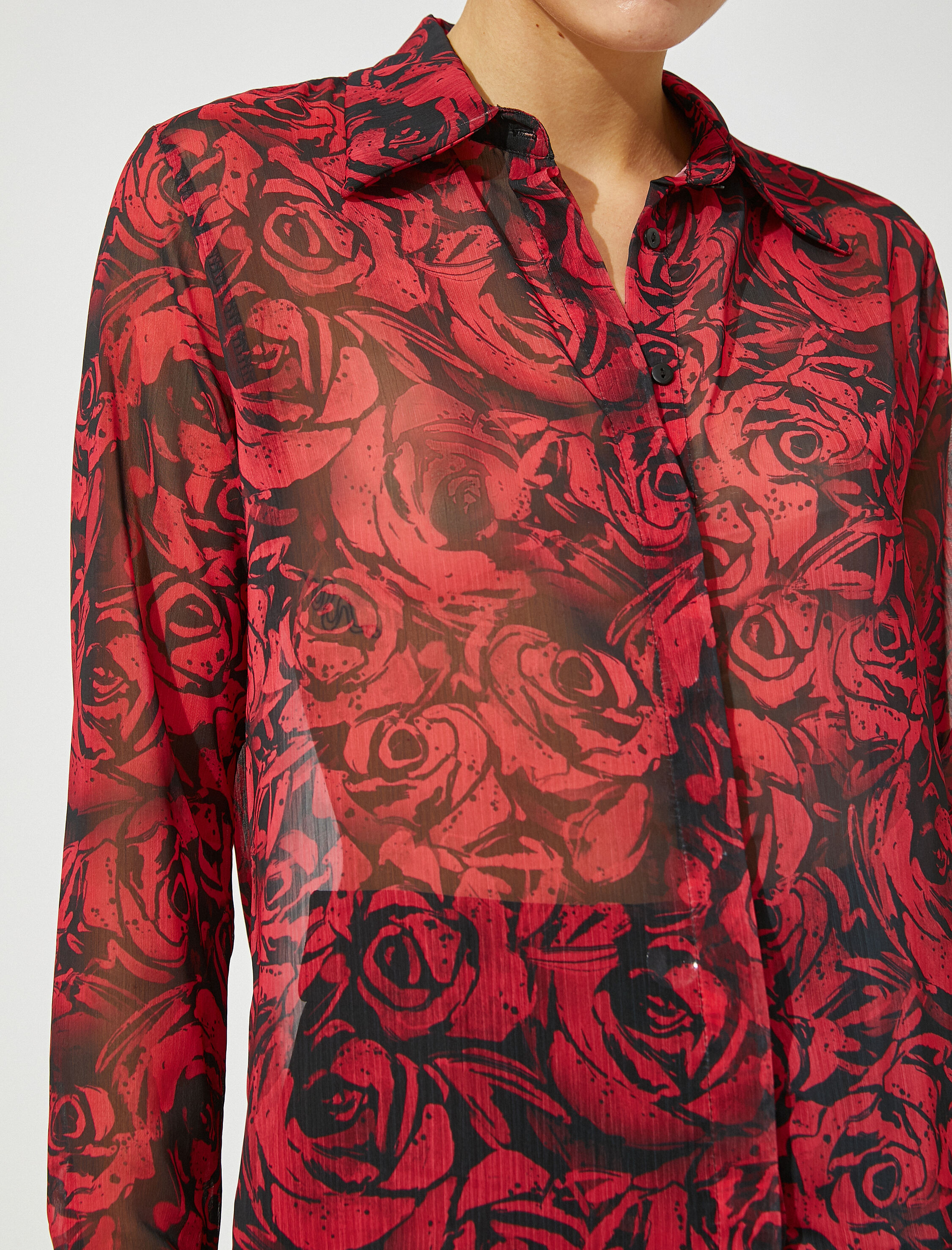   Uzun Kollu Şifon Gömlek Düğmeli