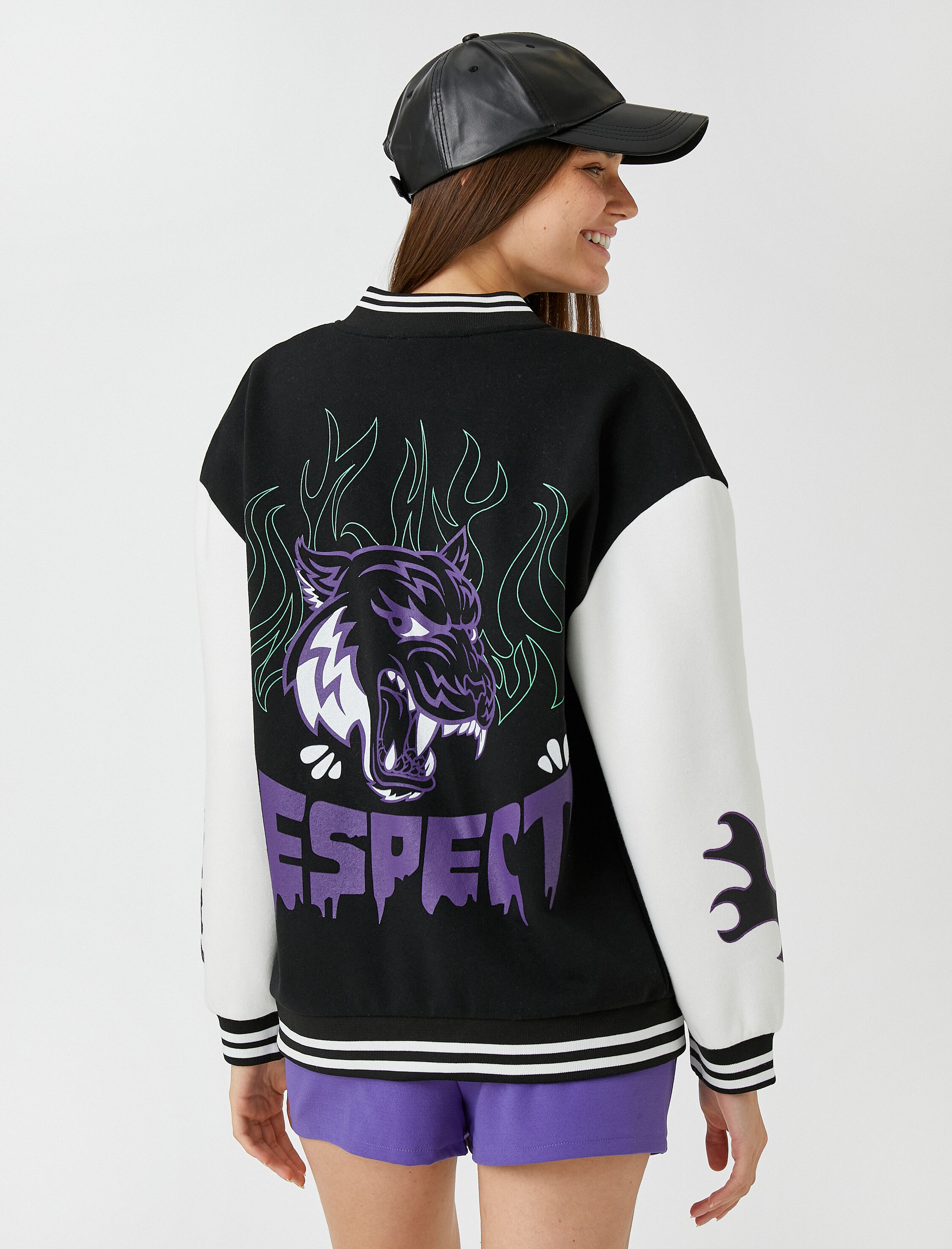   Oversize Bomber Kolej Ceket Baskılı İçi Polarlı