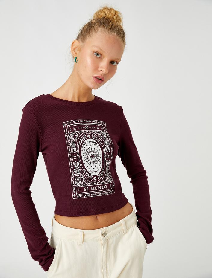  Uzun Kollu Tişört Crop Baskılı