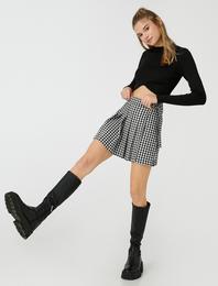 Ekoseli Pileli Mini Etek Kemerli