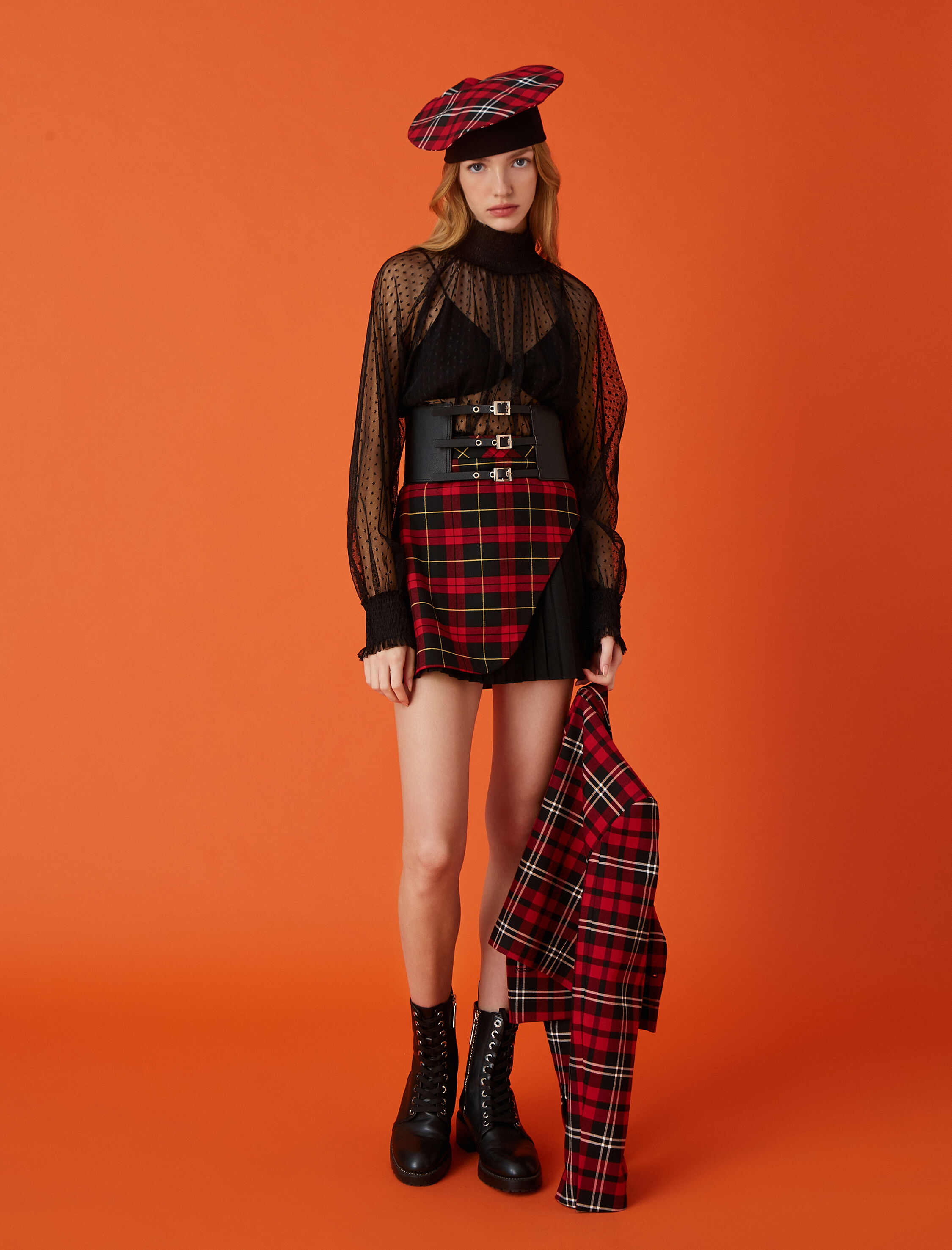   Pile Detaylı Ekoseli Mini Etek