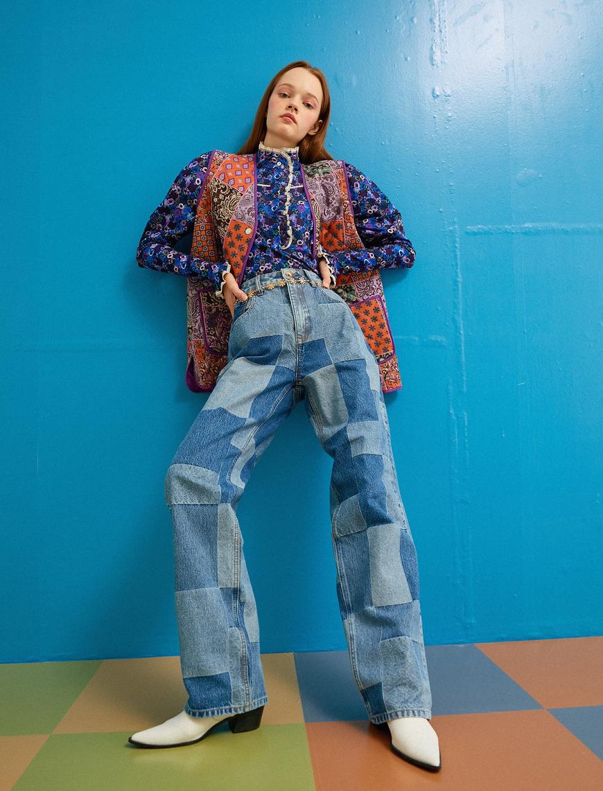   Yüksek Bel Kot Pantolon Renk Bloklu - Baggy Jean