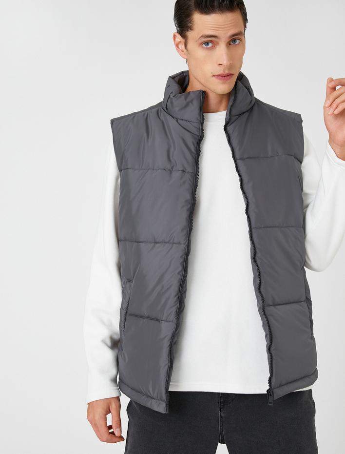  Basic Şişme Yelek Dik Yaka Fermuarlı Cep Detaylı