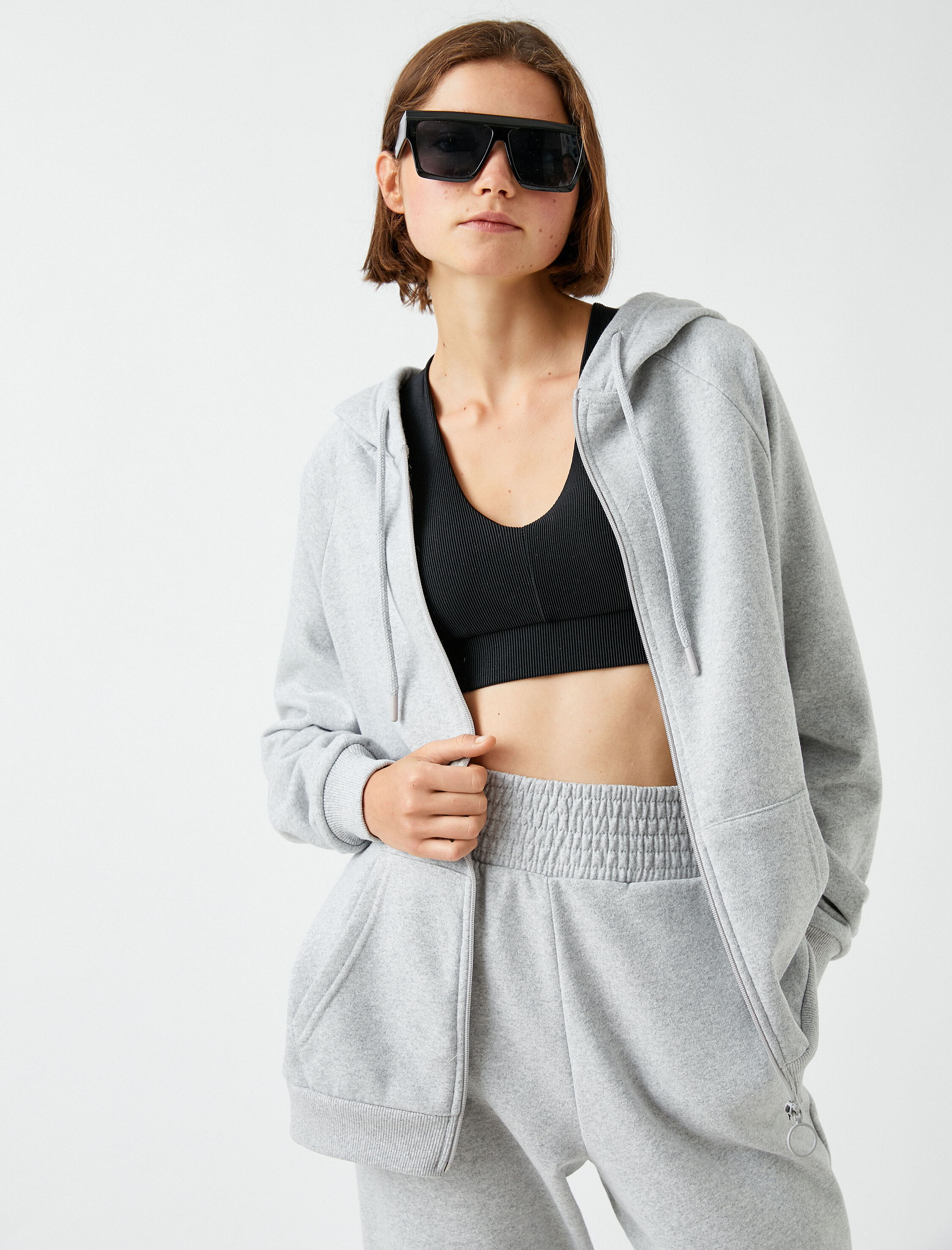   Oversize Fermuarlı Sweatshirt Kapüşonlu Cepli İçi Polarlı