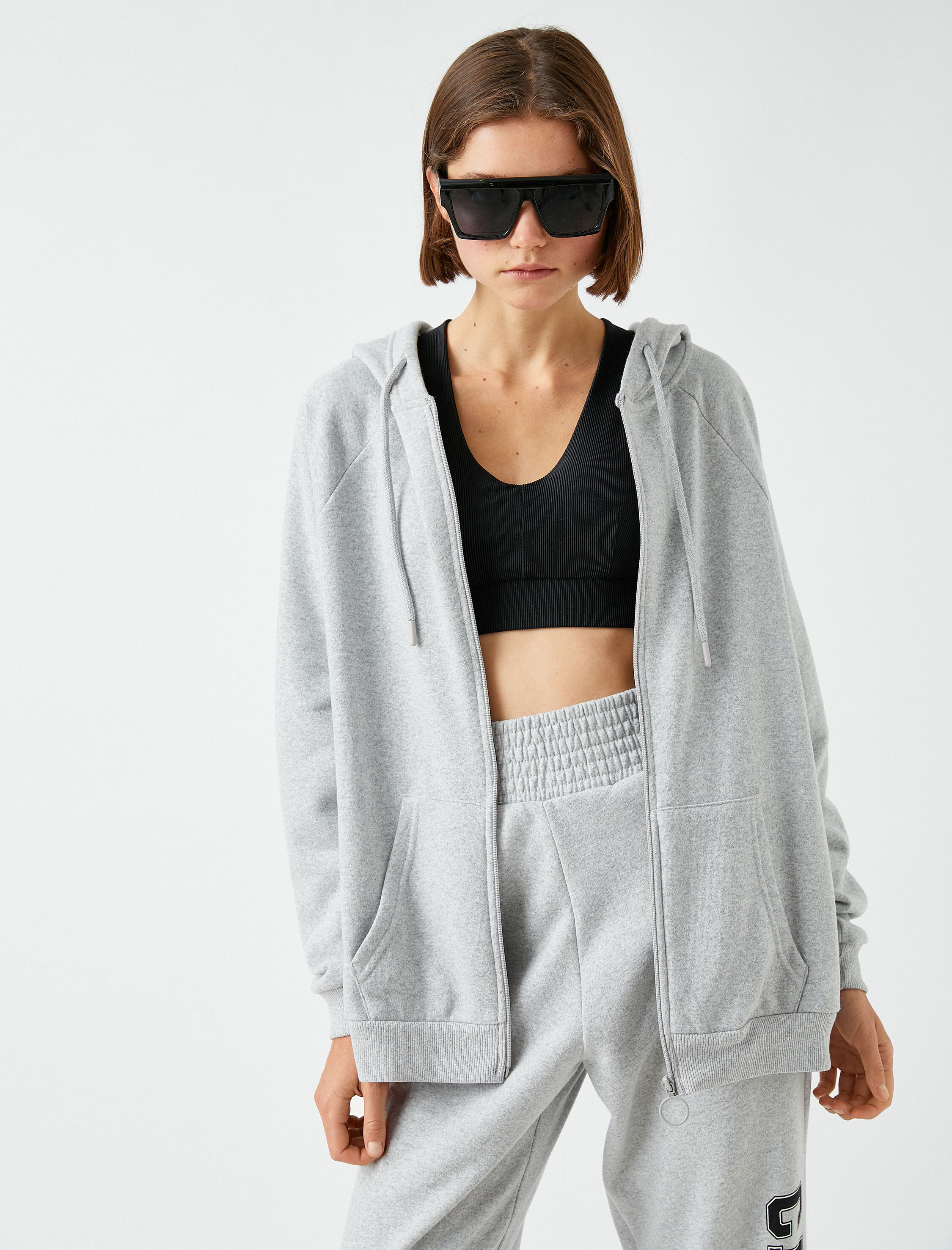   Oversize Fermuarlı Sweatshirt Kapüşonlu Cepli İçi Polarlı