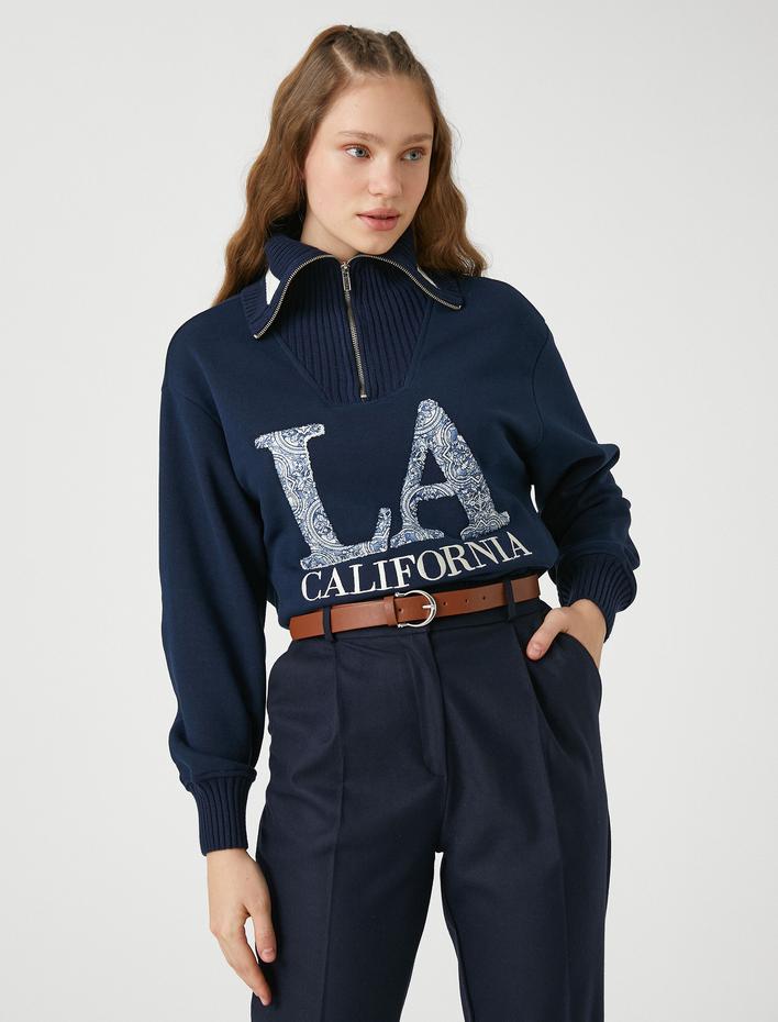  Oversize Sweatshirt Kolej Baskılı Yakası Fermuar Detaylı İçi Polarlı