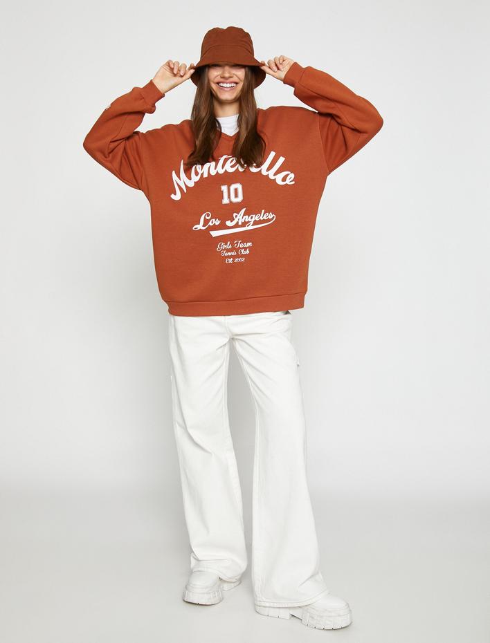  Kolej Baskılı Sweatshirt Oversize İçi Polarlı