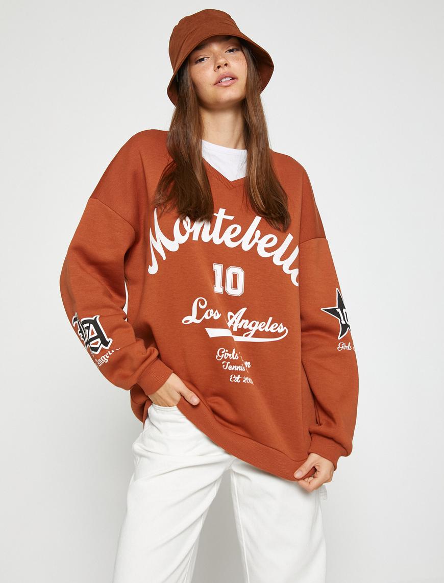   Kolej Baskılı Sweatshirt Oversize İçi Polarlı
