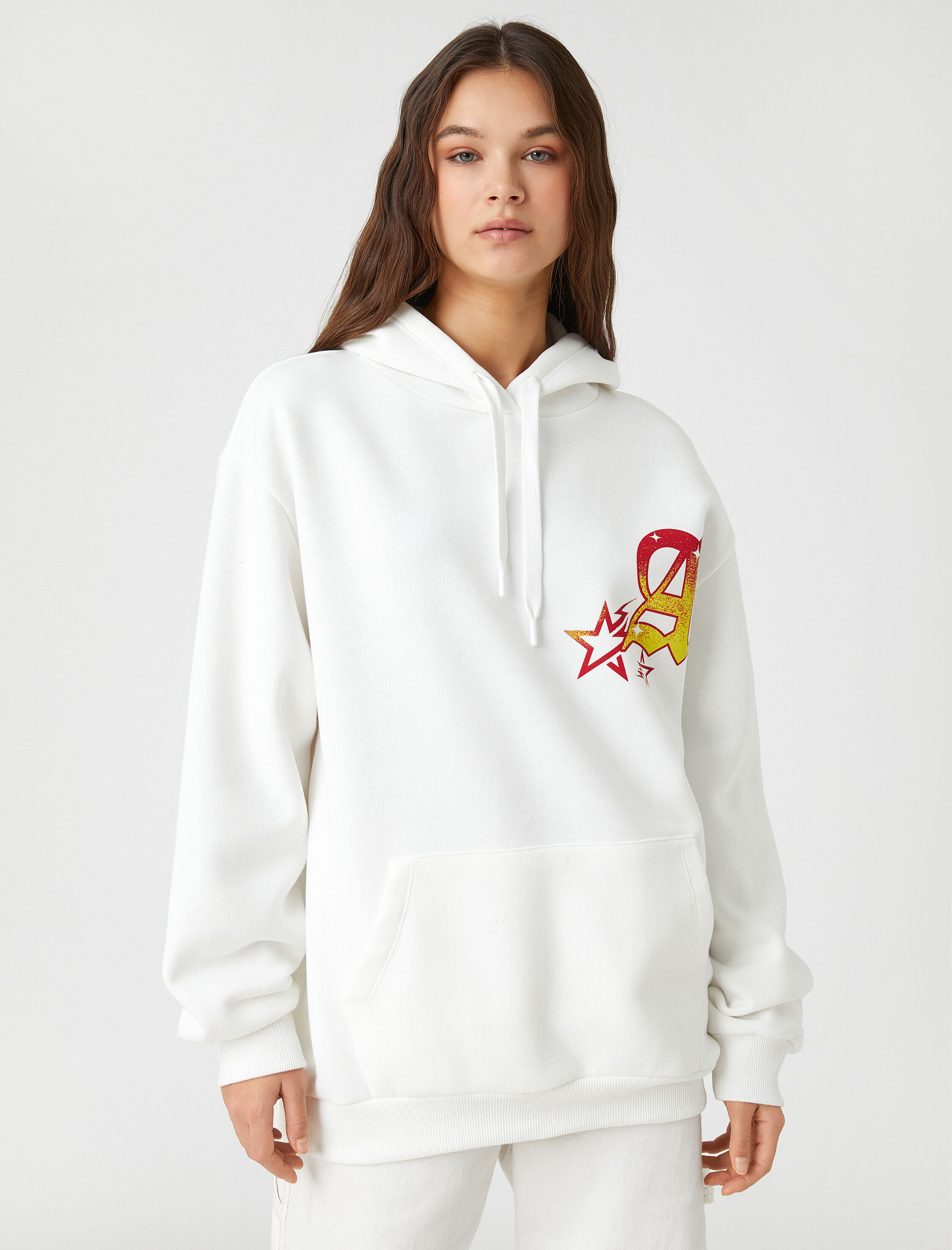   Oversize Sweatshirt Kapüşonlu Baskılı Uzun Kollu İçi Polarlı