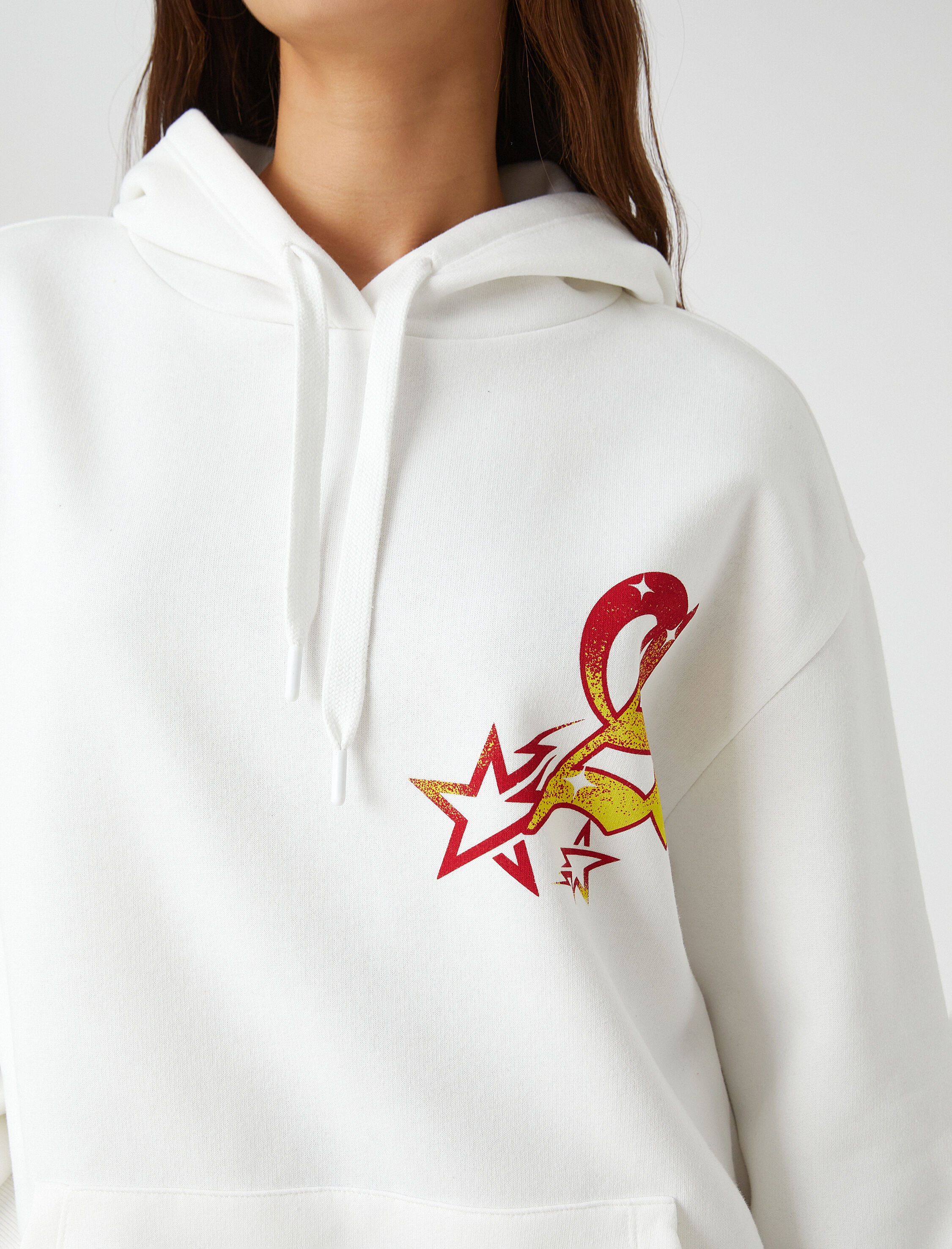   Oversize Sweatshirt Kapüşonlu Baskılı Uzun Kollu İçi Polarlı