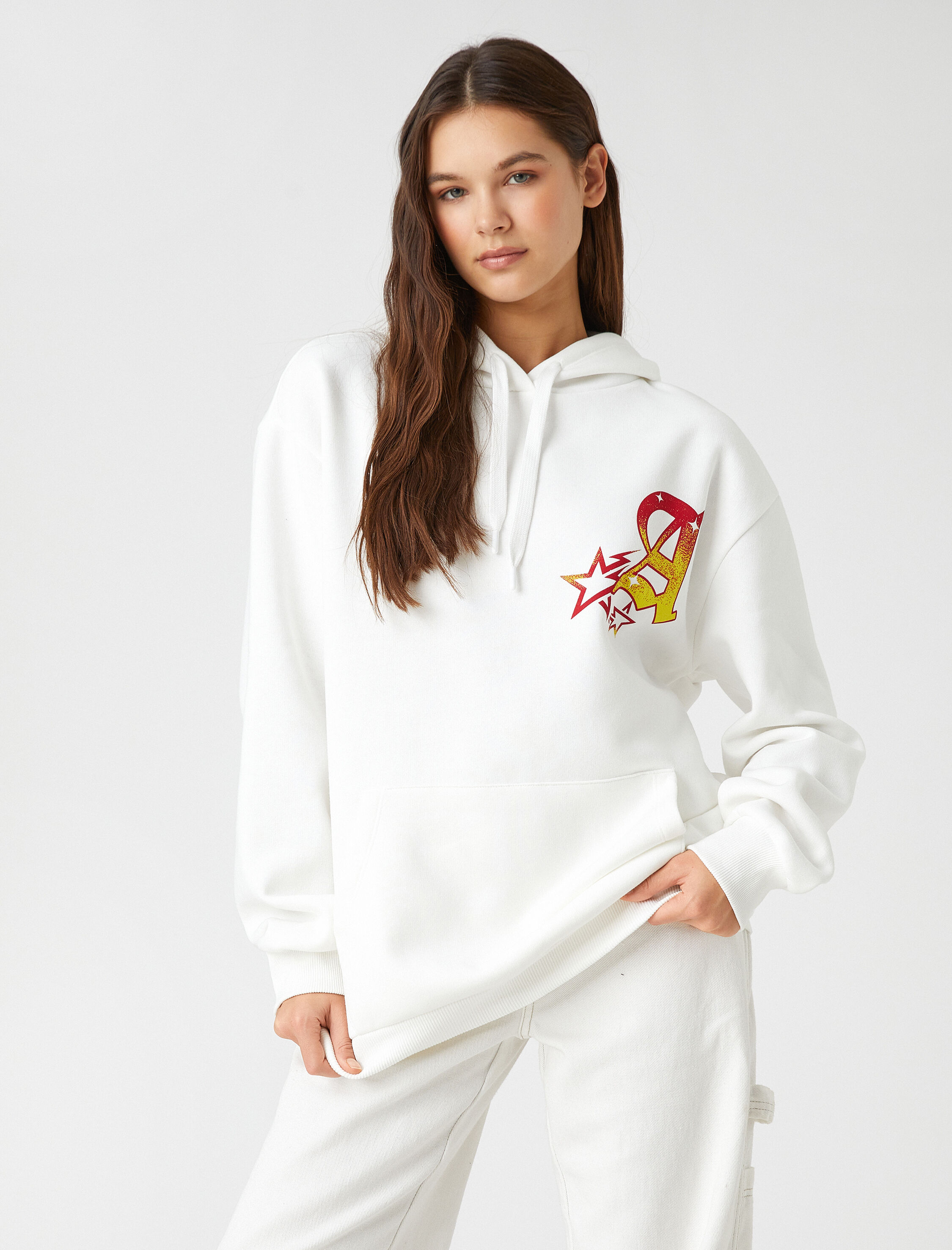   Oversize Sweatshirt Kapüşonlu Baskılı Uzun Kollu İçi Polarlı