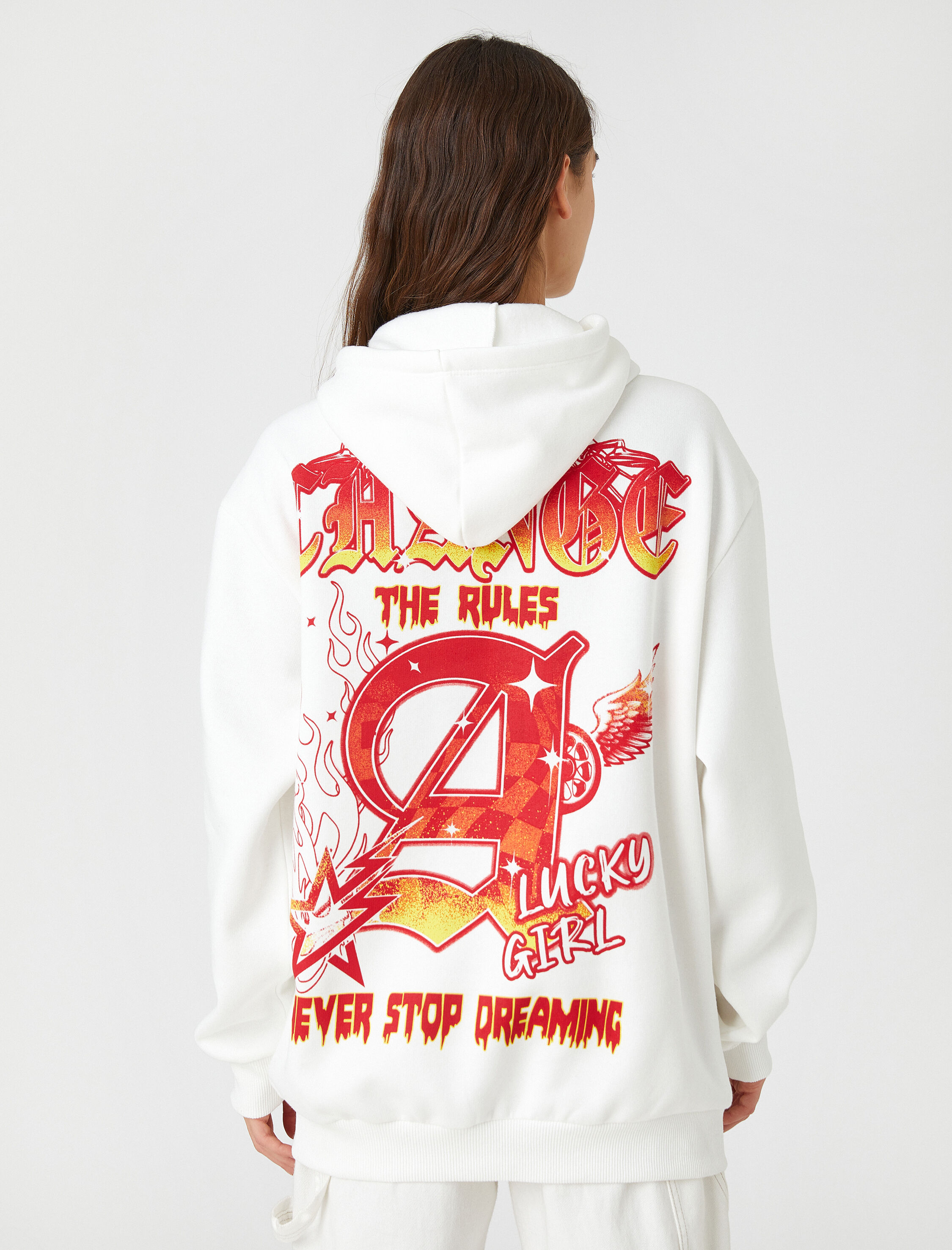   Oversize Sweatshirt Kapüşonlu Baskılı Uzun Kollu İçi Polarlı