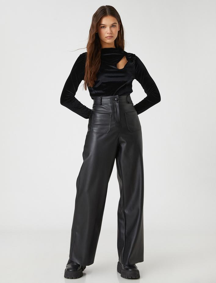  Uzun Kollu Tişört Kadife Pencere Detaylı Dik Yaka