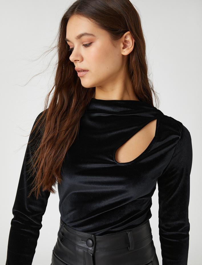  Uzun Kollu Tişört Kadife Pencere Detaylı Dik Yaka