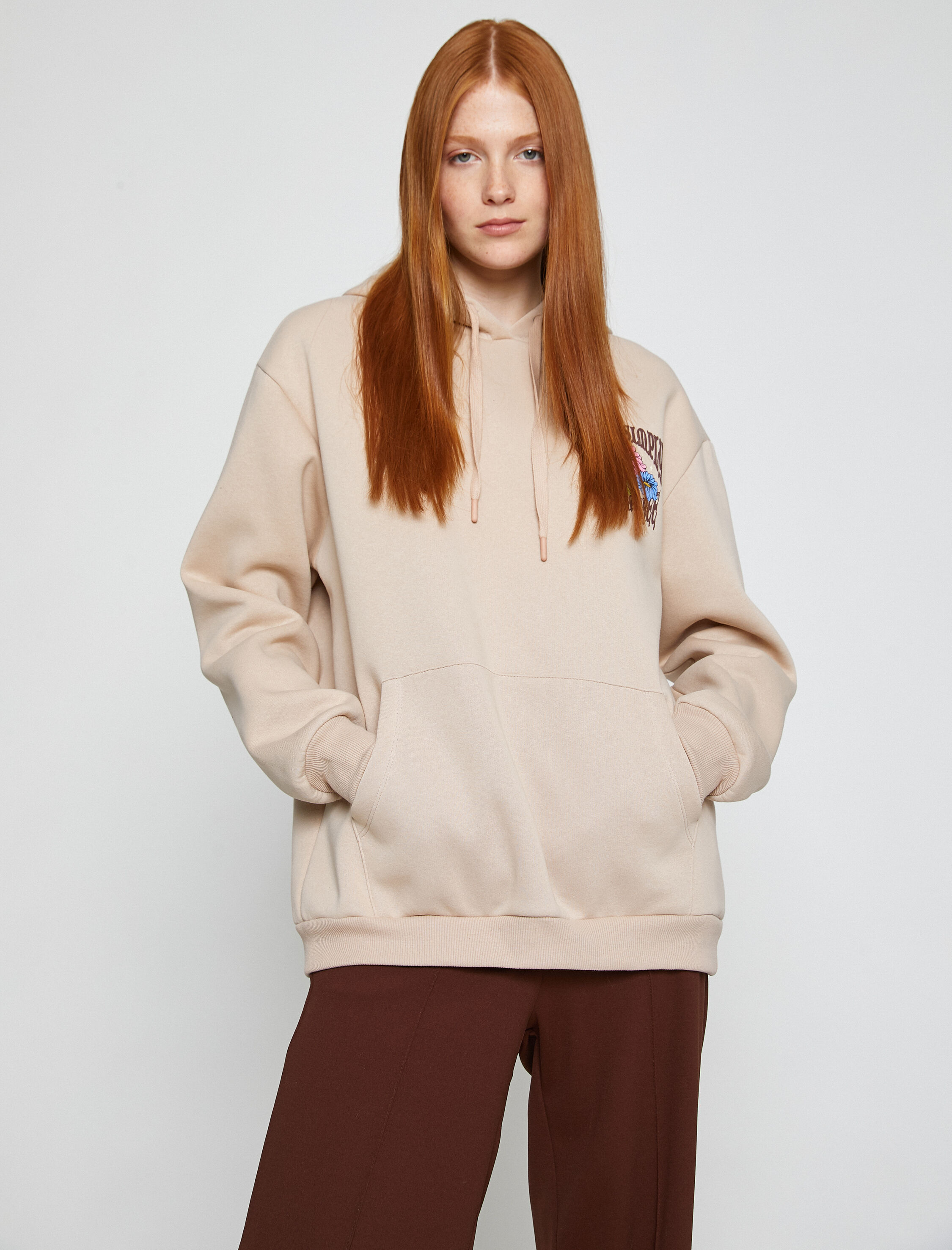   Oversize Sweatshirt Kapüşonlu Baskılı İçi Polarlı