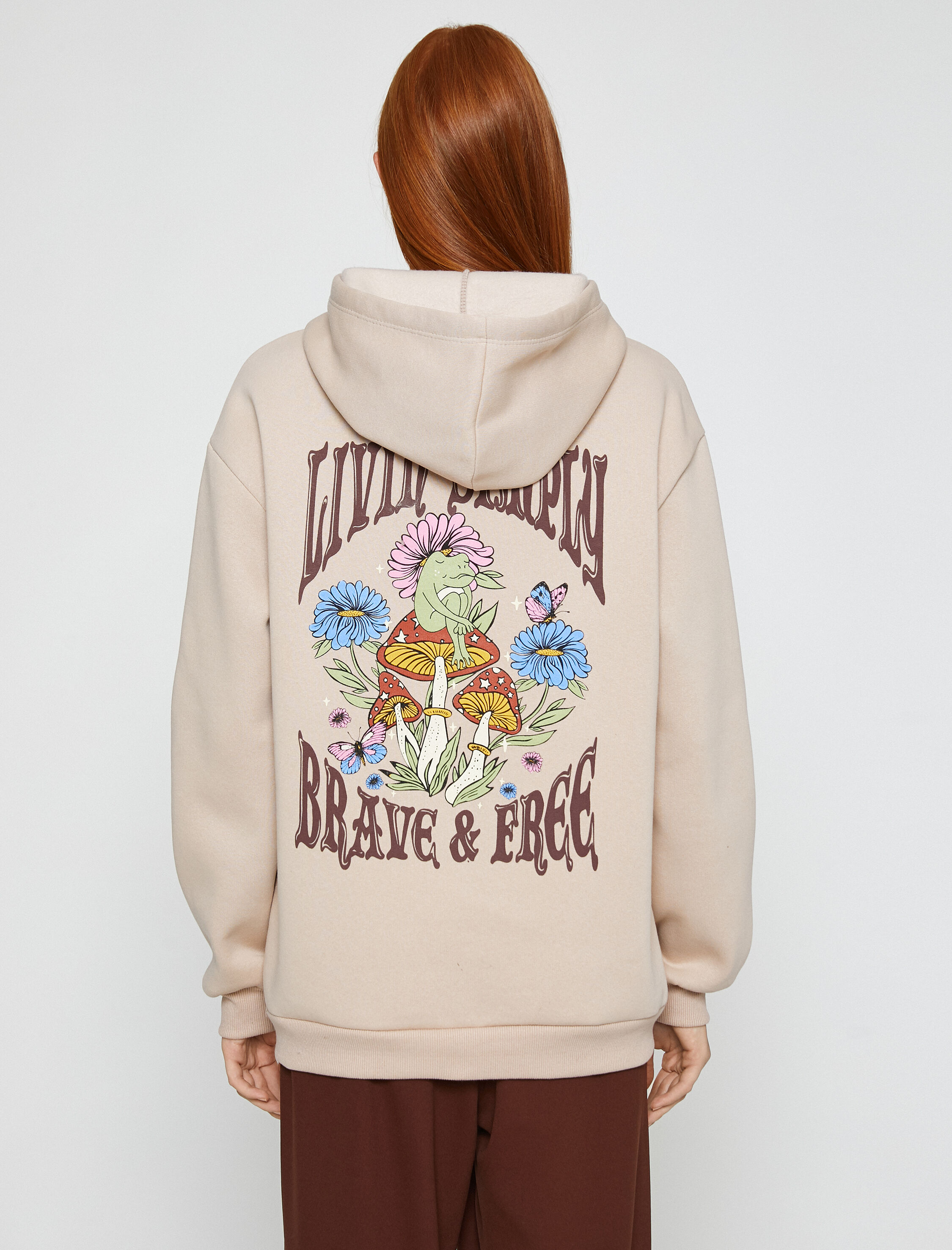   Oversize Sweatshirt Kapüşonlu Baskılı İçi Polarlı