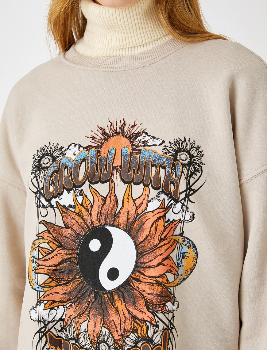   Bisiklet Yaka Sweatshirt Oversize Baskılı İçi Polarlı