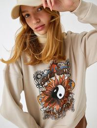 Bisiklet Yaka Sweatshirt Oversize Baskılı İçi Polarlı