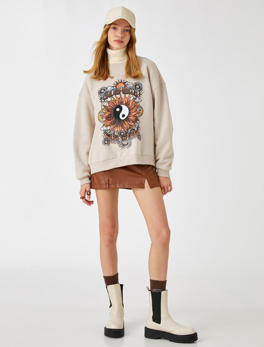   Bisiklet Yaka Sweatshirt Oversize Baskılı İçi Polarlı