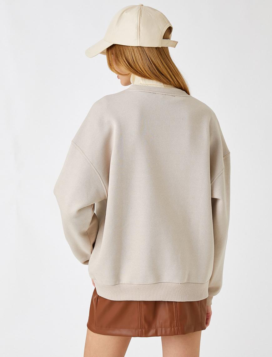   Bisiklet Yaka Sweatshirt Oversize Baskılı İçi Polarlı