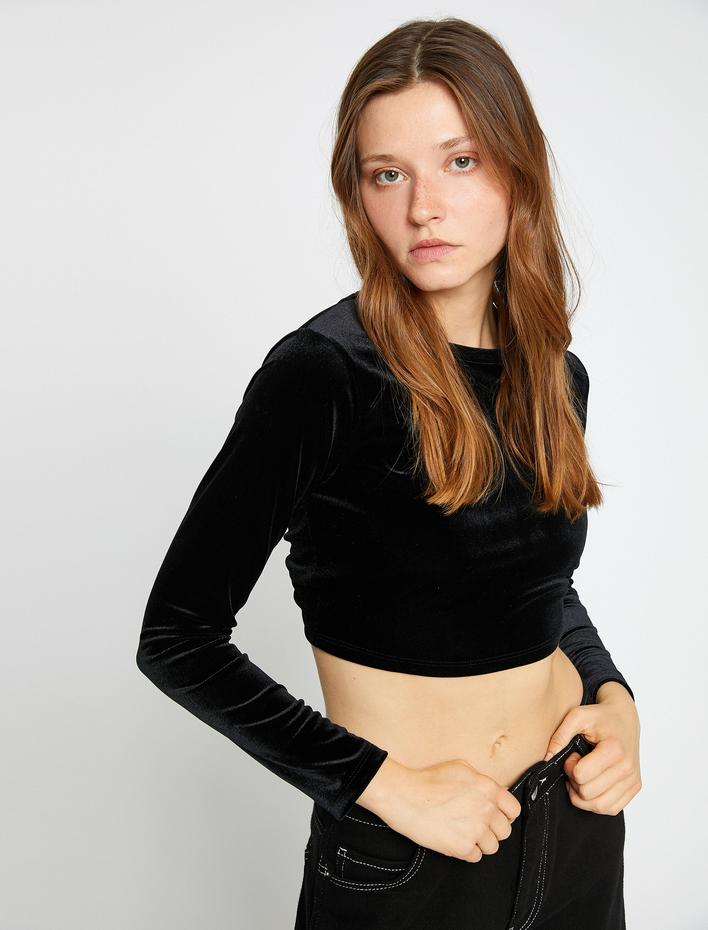  Kadife Crop Tişört Pencere Detaylı Uzun Kollu