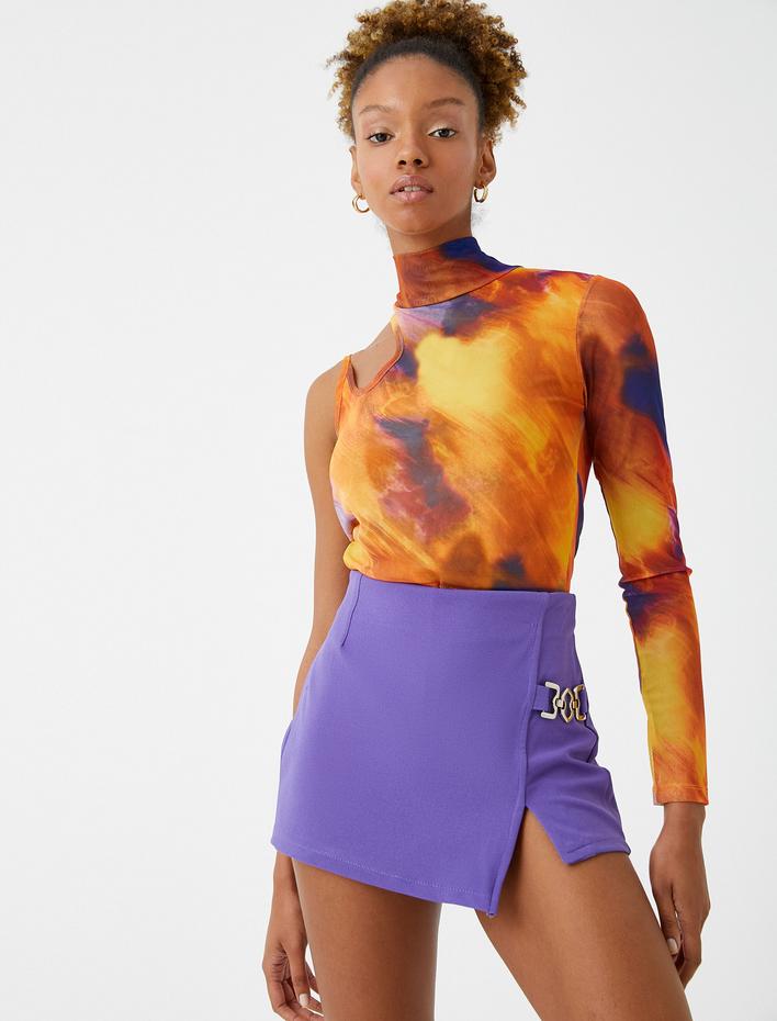  Uzun Kollu Tişört Crop Tek Omuzlu Pencere Detaylı