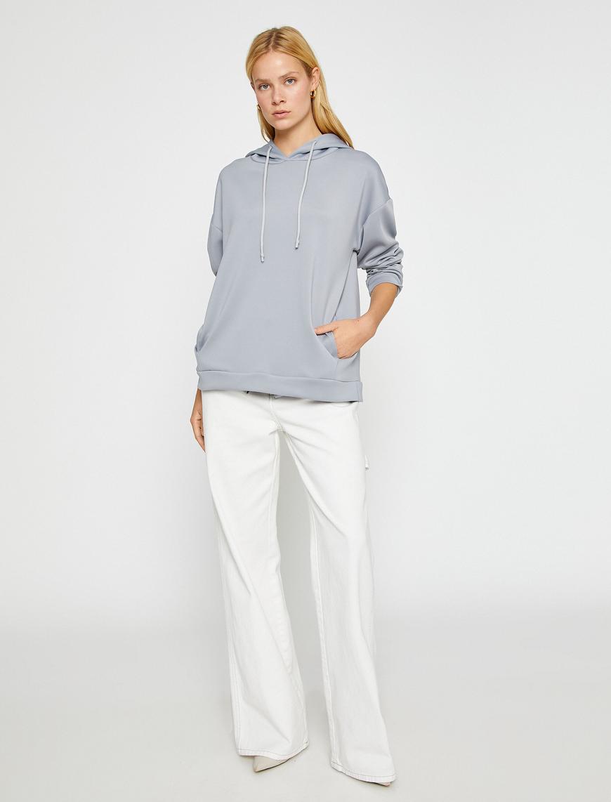   Oversize Kapüşonlu Sweatshirt Kanguru Cepli İpeksi Dokulu