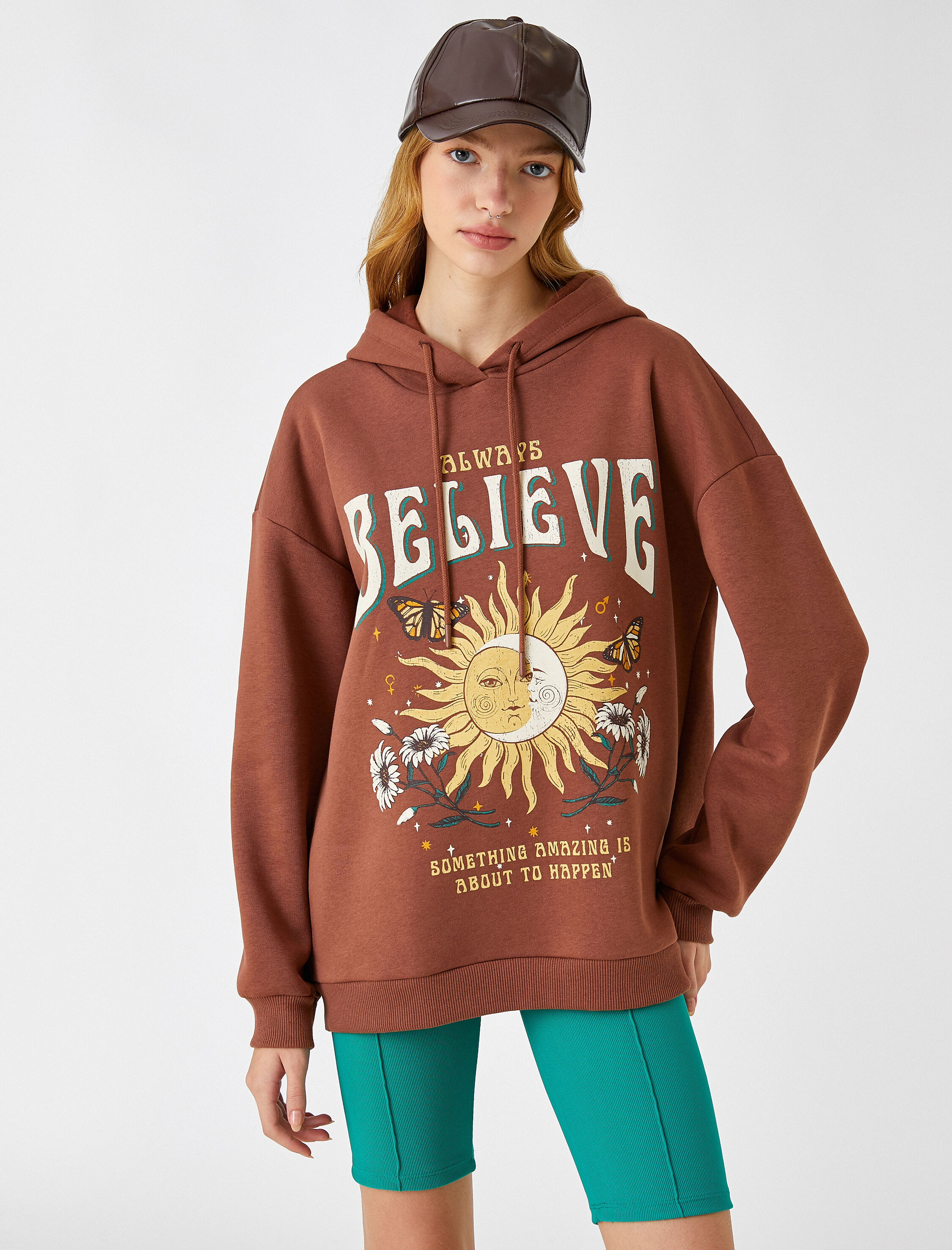   Oversize Sweatshirt Kapüşonlu Baskılı İçi Polarlı