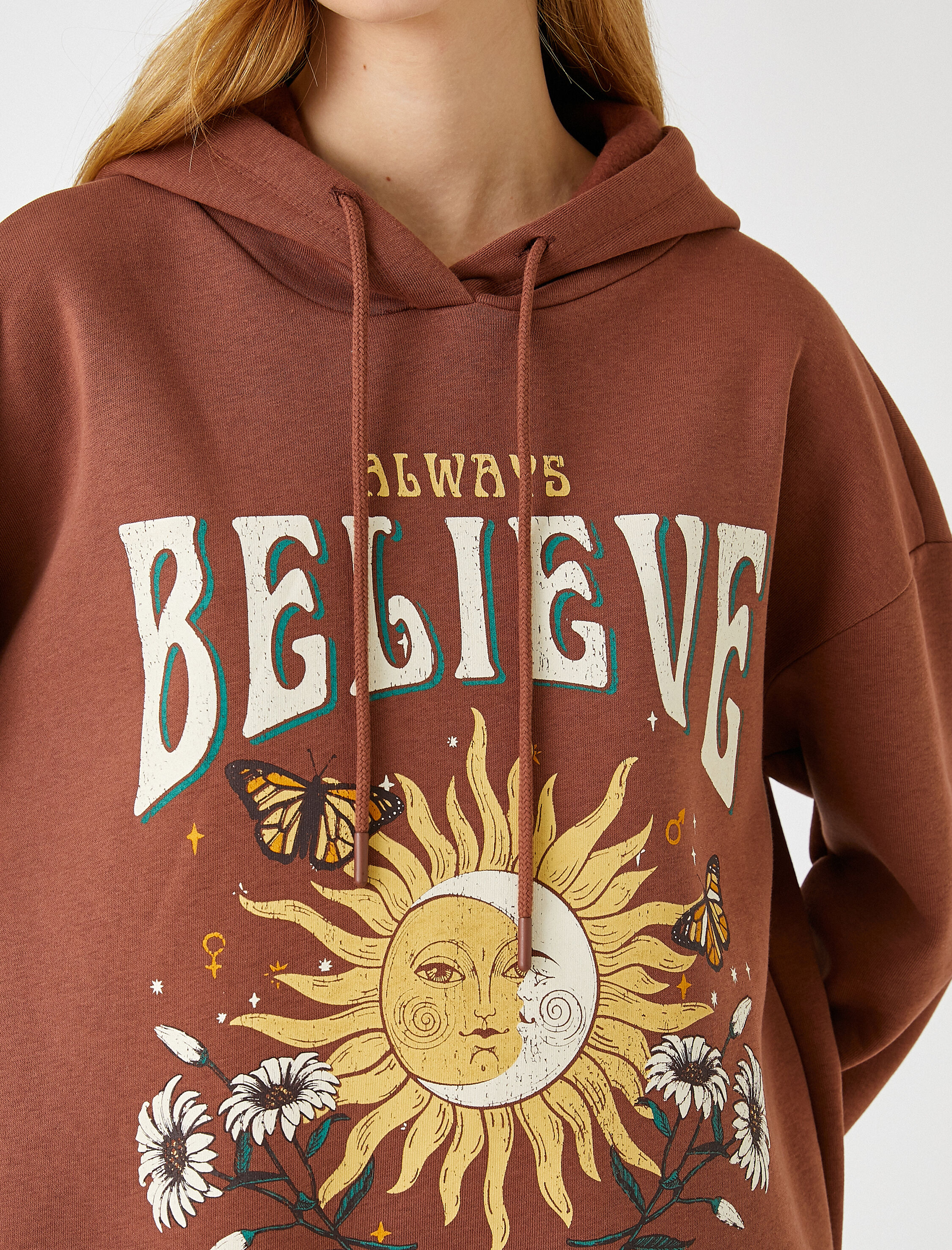   Oversize Sweatshirt Kapüşonlu Baskılı İçi Polarlı