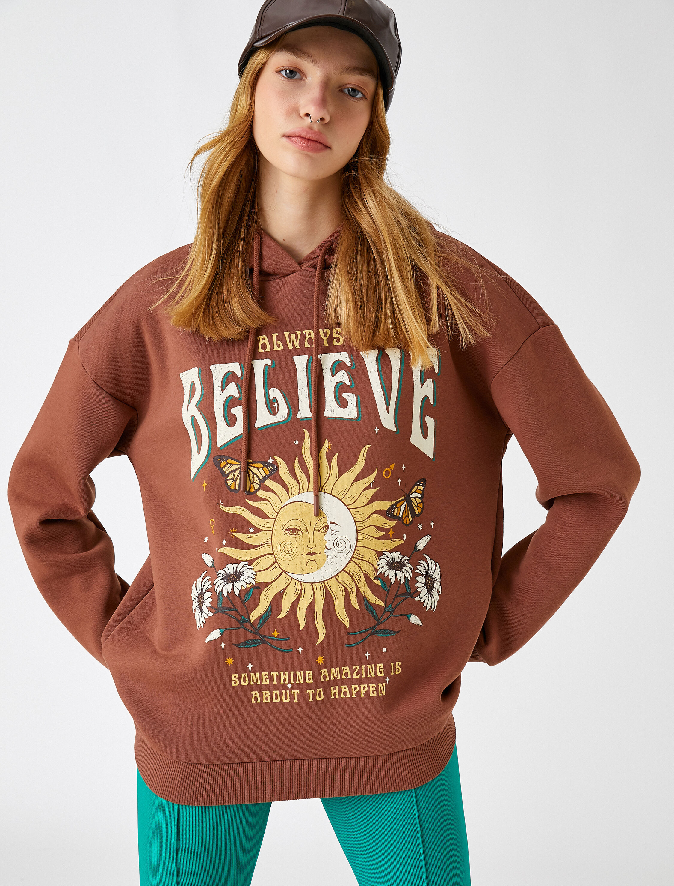   Oversize Sweatshirt Kapüşonlu Baskılı İçi Polarlı