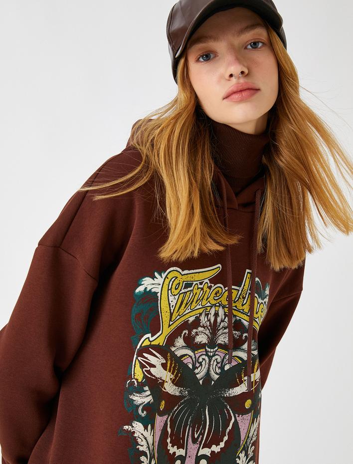  Oversize Sweatshirt Kapüşonlu Baskılı İçi Polarlı