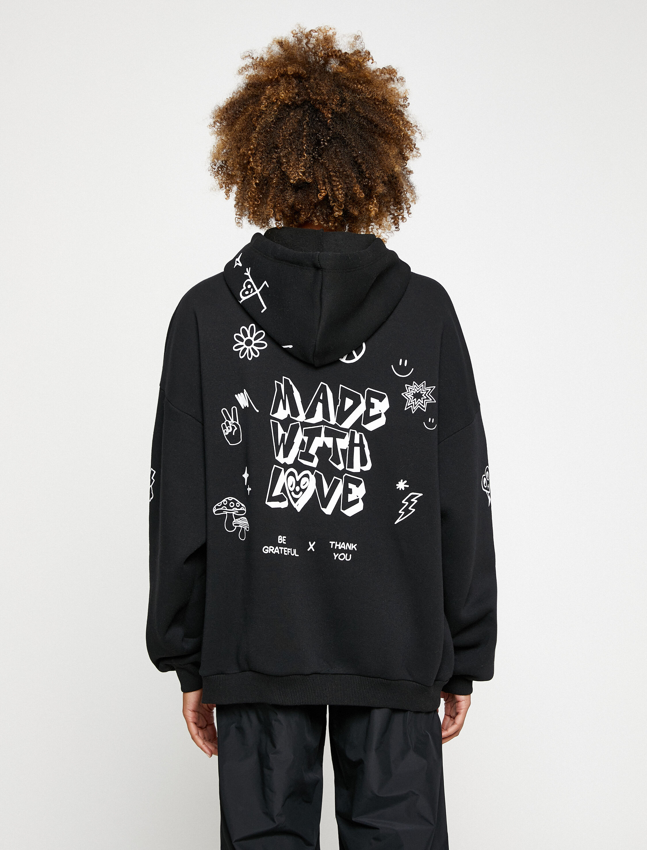   Kapüşonlu Sweatshirt Baskılı Uzun Kollu Rahat Kesim İçi Polarlı