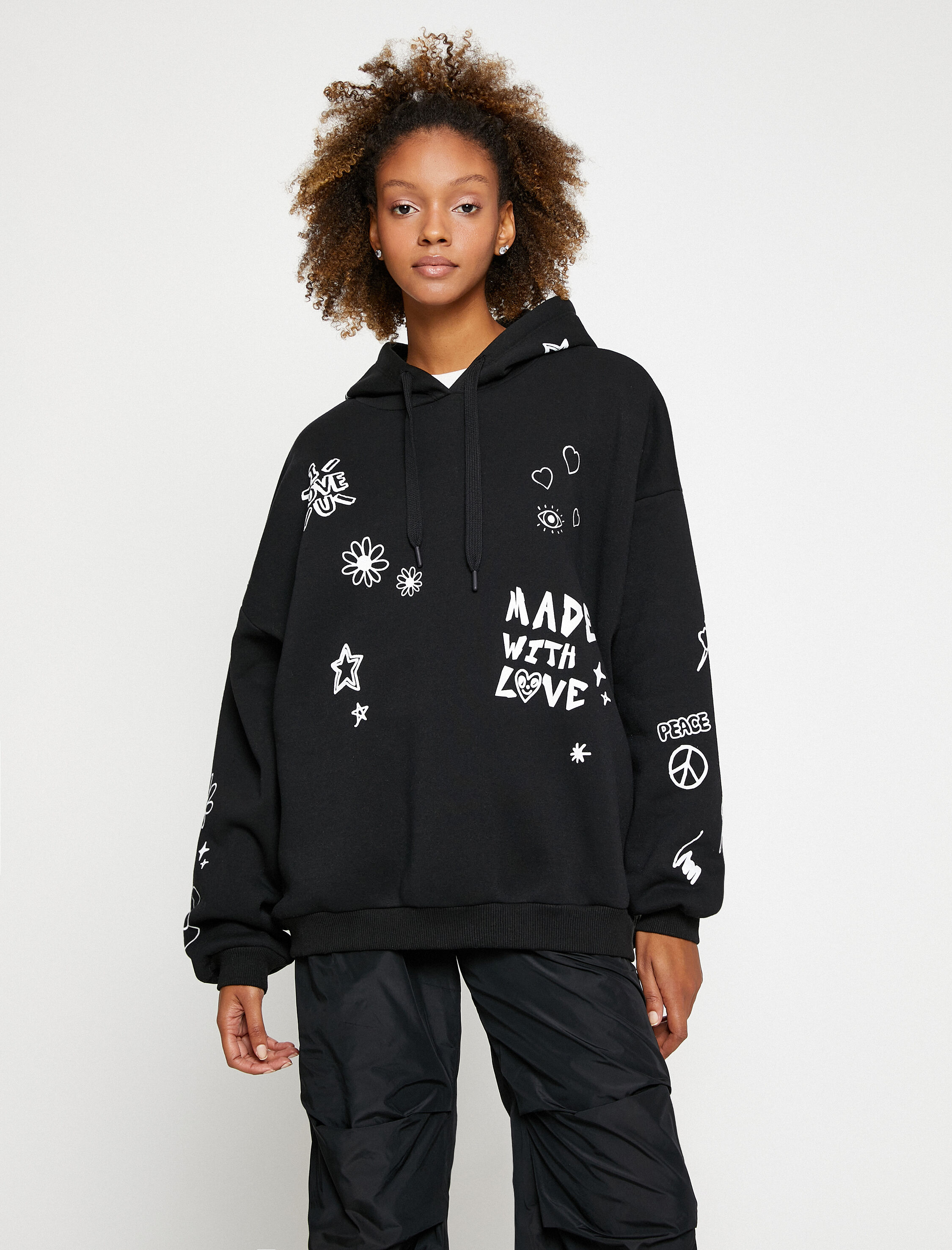   Kapüşonlu Sweatshirt Baskılı Uzun Kollu Rahat Kesim İçi Polarlı