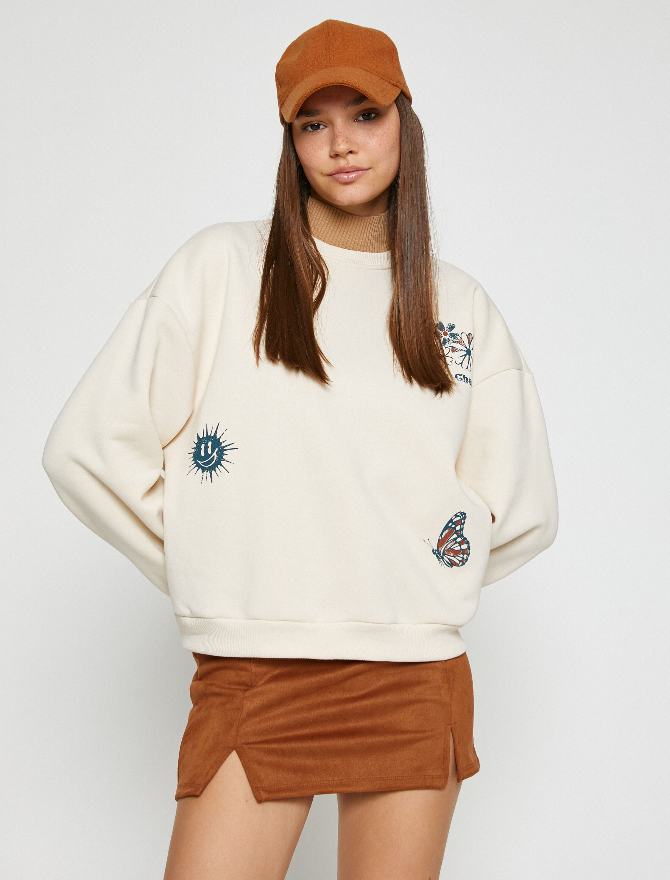   Bisiklet Yaka Sweatshirt Baskılı İçi Polarlı