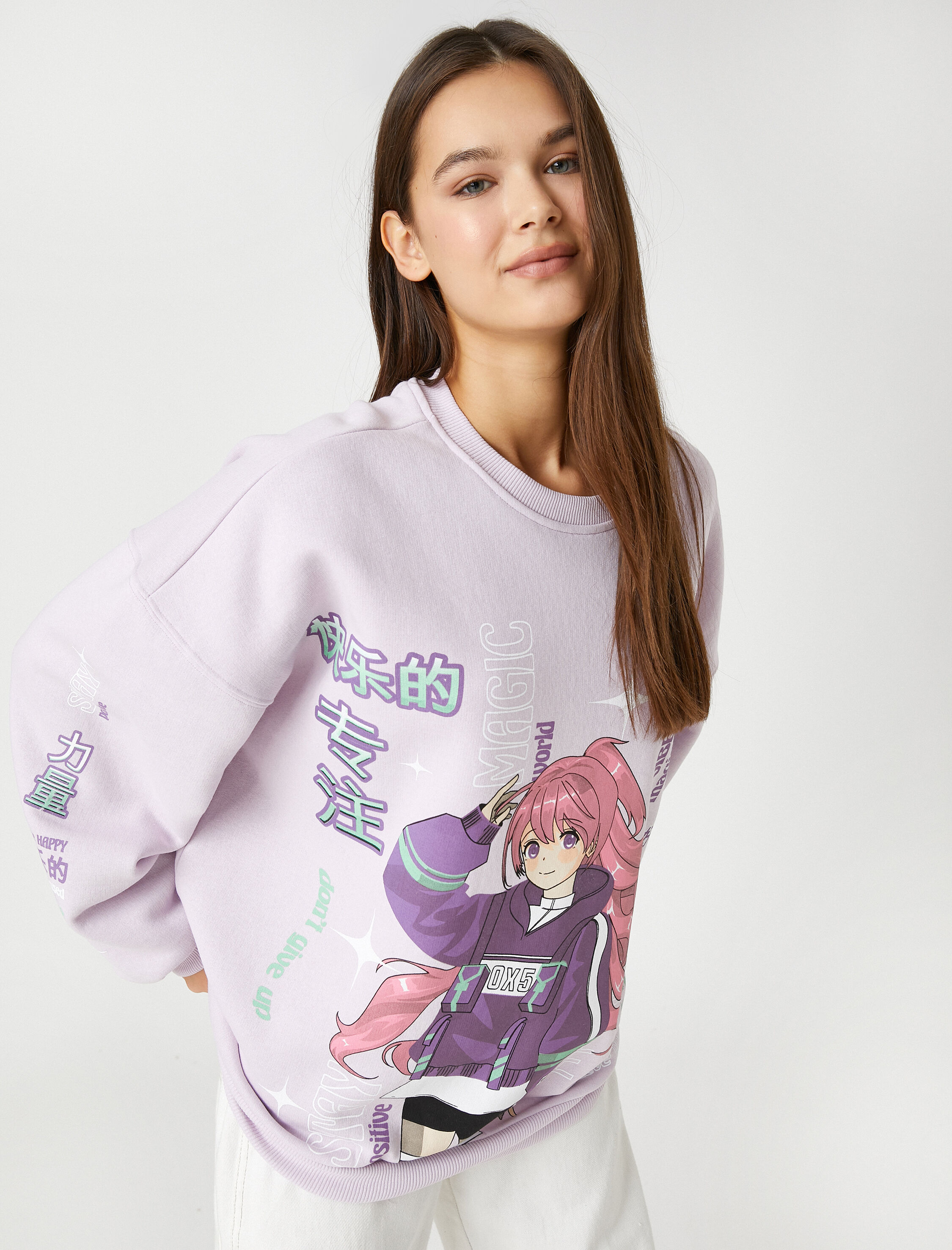   Anime Sweatshirt Oversize Bisiklet Yaka Uzun Kollu İçi Polarlı