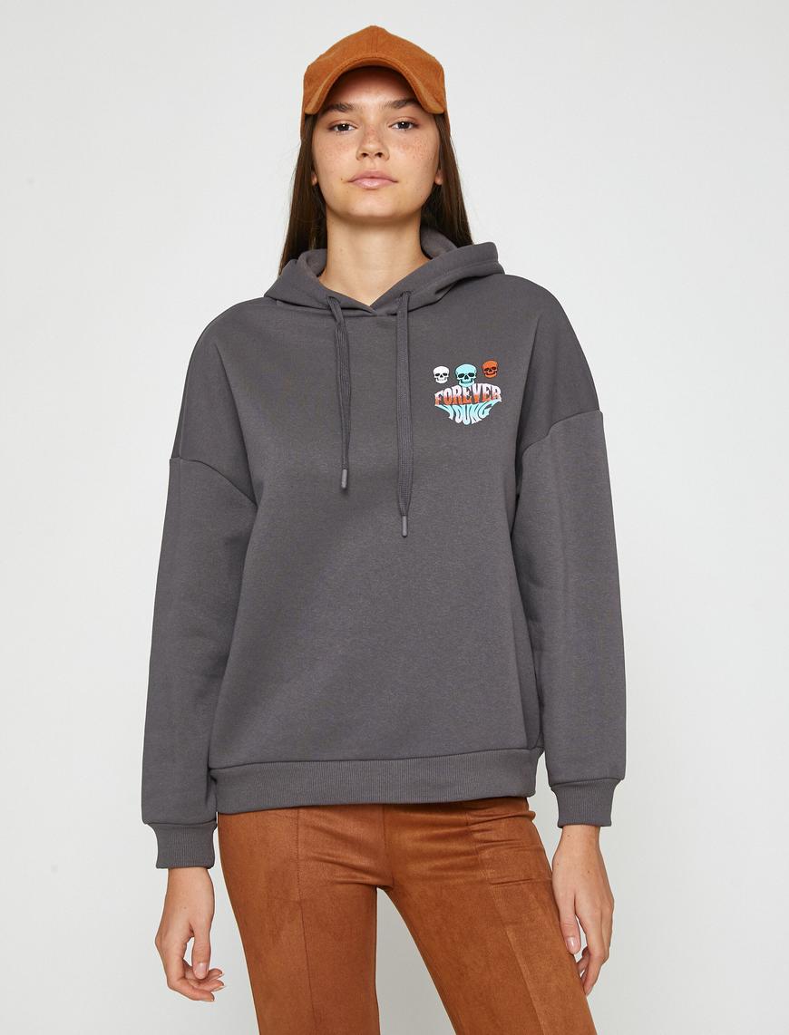  Baskılı Kapüşonlu Sweatshirt İçi Polarlı