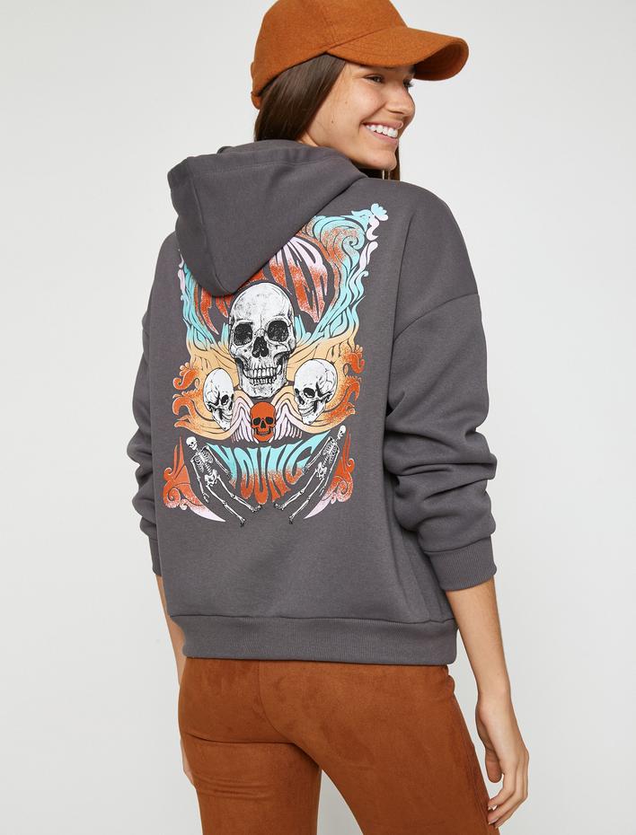  Baskılı Kapüşonlu Sweatshirt İçi Polarlı