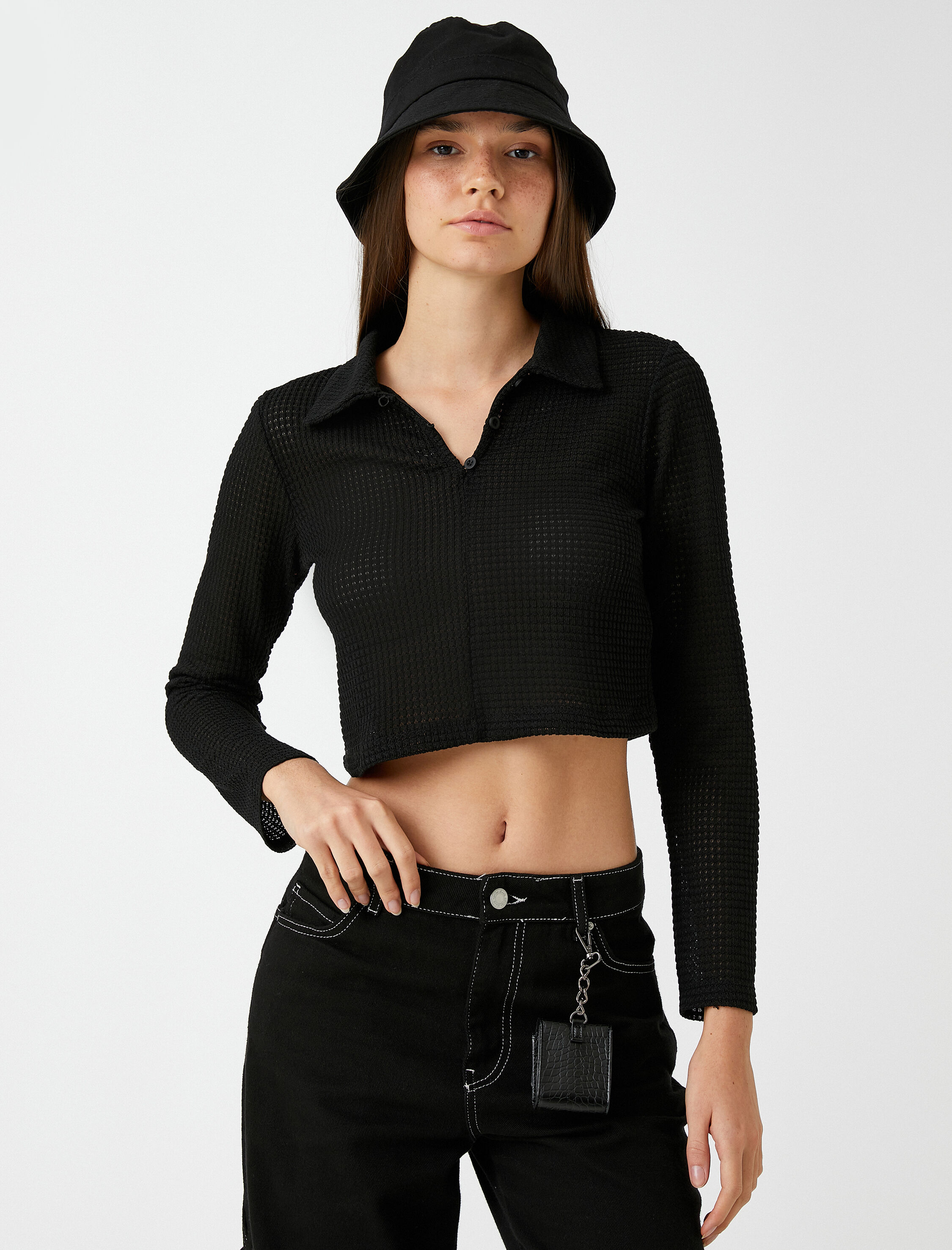   Crop Tişört Polo Yaka Uzun Kollu