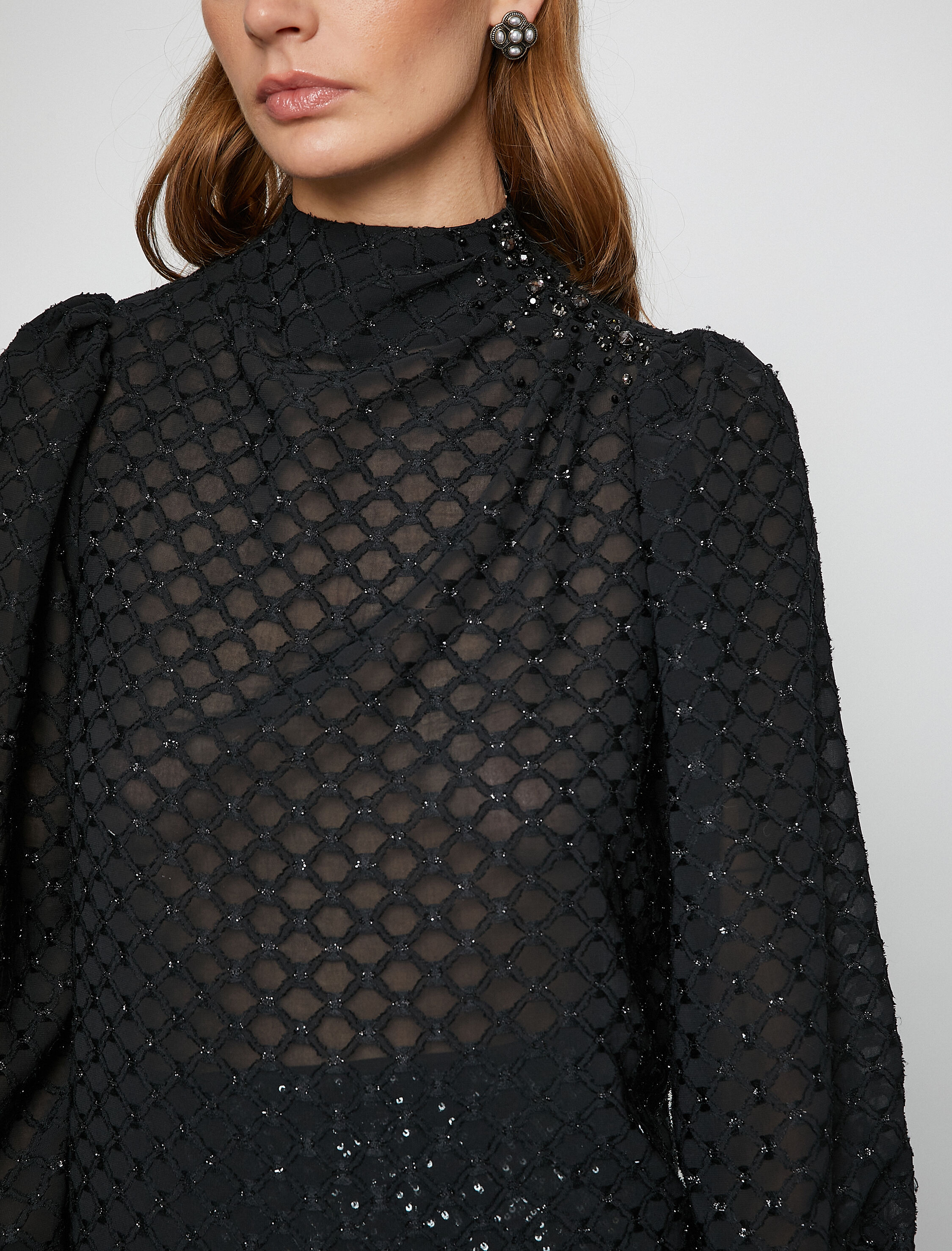 Melis Ağazat X Koton - Simli Uzun Balon Kollu Şifon Bluz