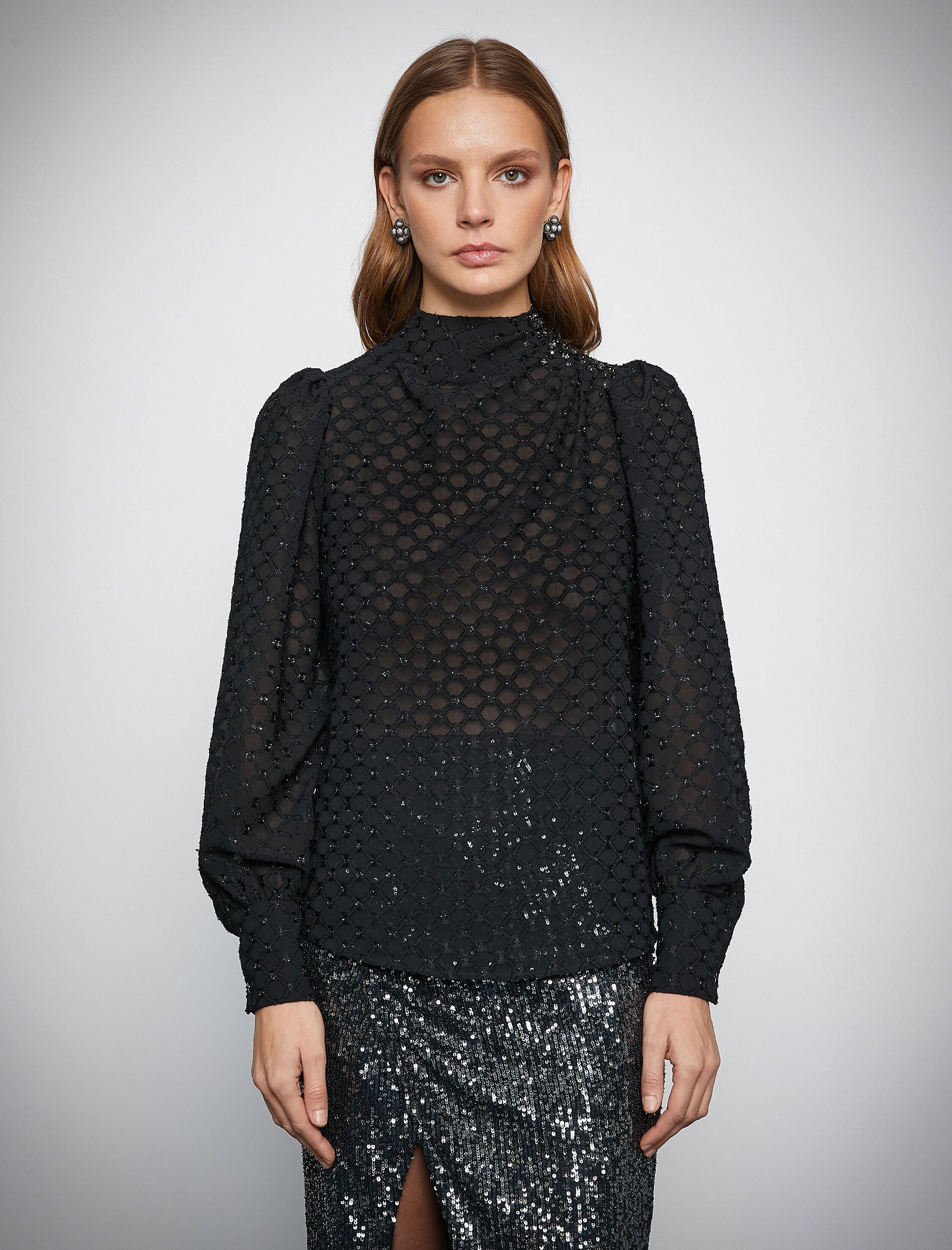 Melis Ağazat X Koton - Simli Uzun Balon Kollu Şifon Bluz