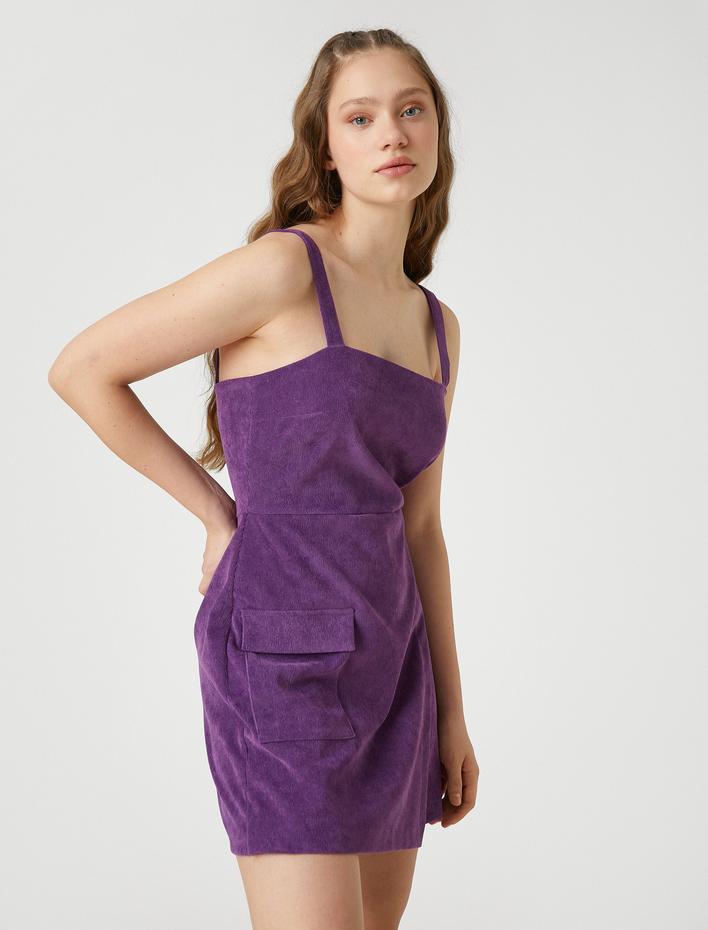  Kadife Salopet Tulum Kare Yaka Askılı Cep Detaylı