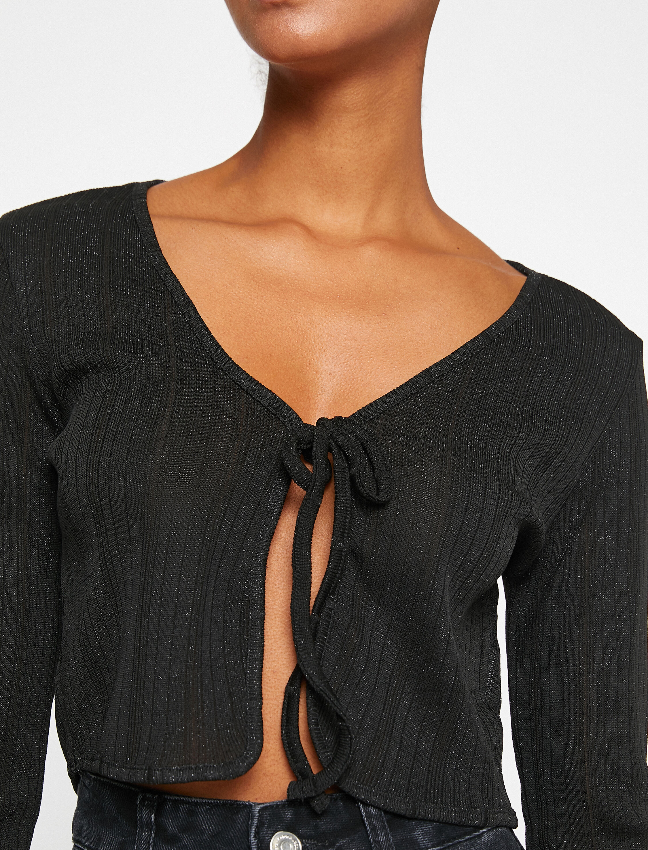   Crop Hırka Önden Bağlamalı Simli Uzun Kollu