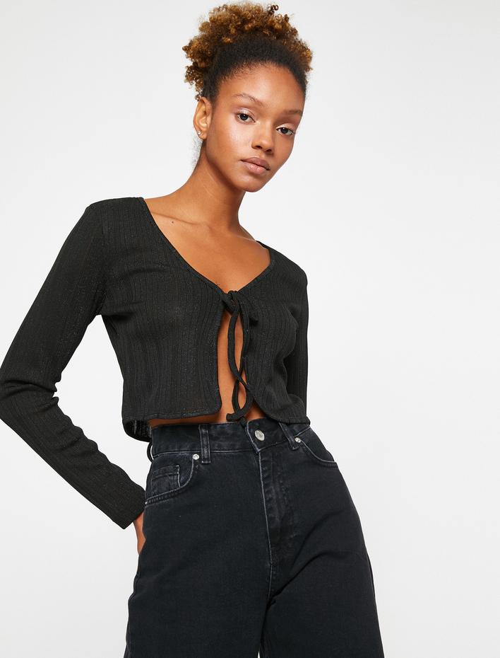  Crop Hırka Önden Bağlamalı Simli Uzun Kollu