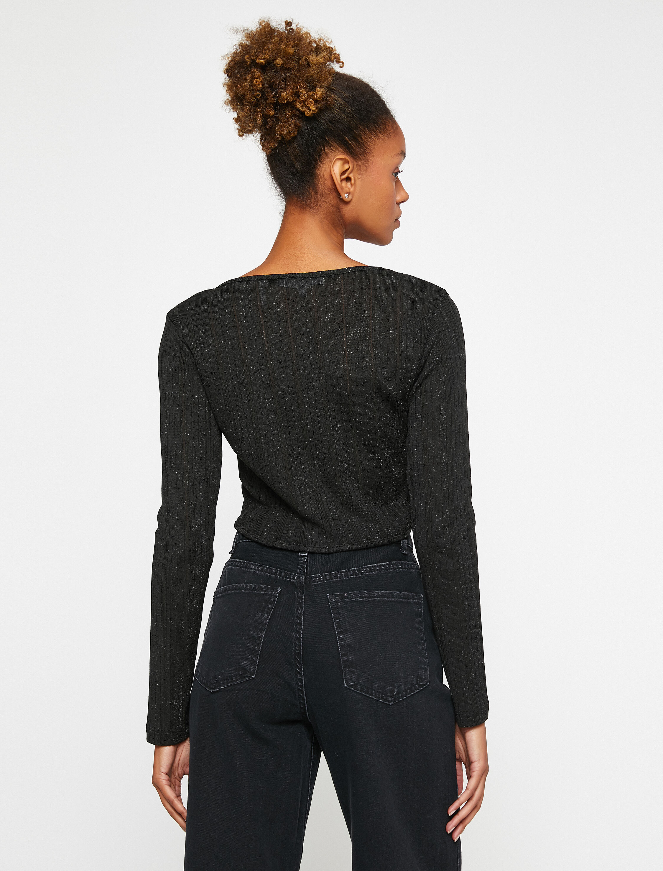   Crop Hırka Önden Bağlamalı Simli Uzun Kollu