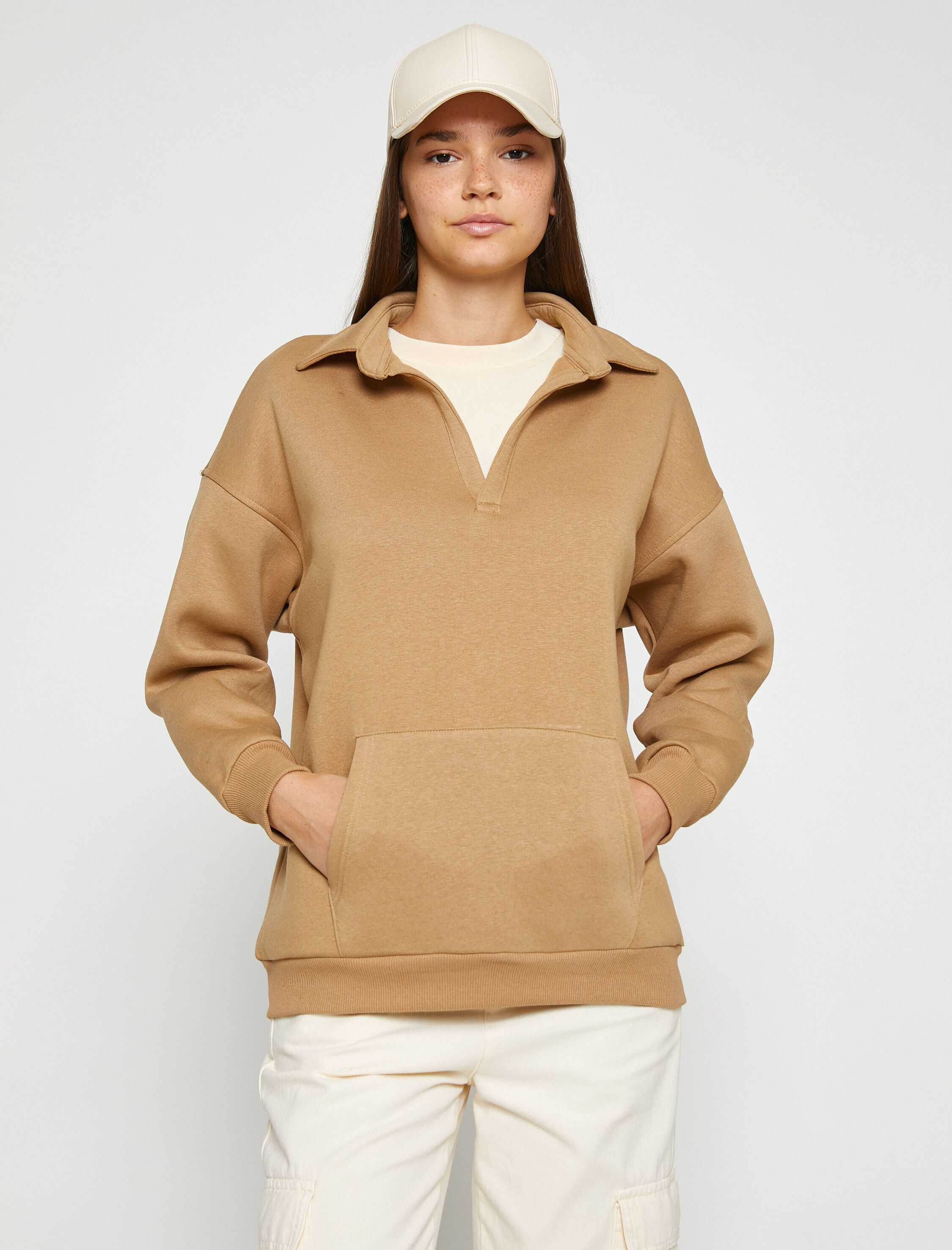   Polo Yaka Sweatshirt Oversize Kanguru Cepli İçi Polarlı