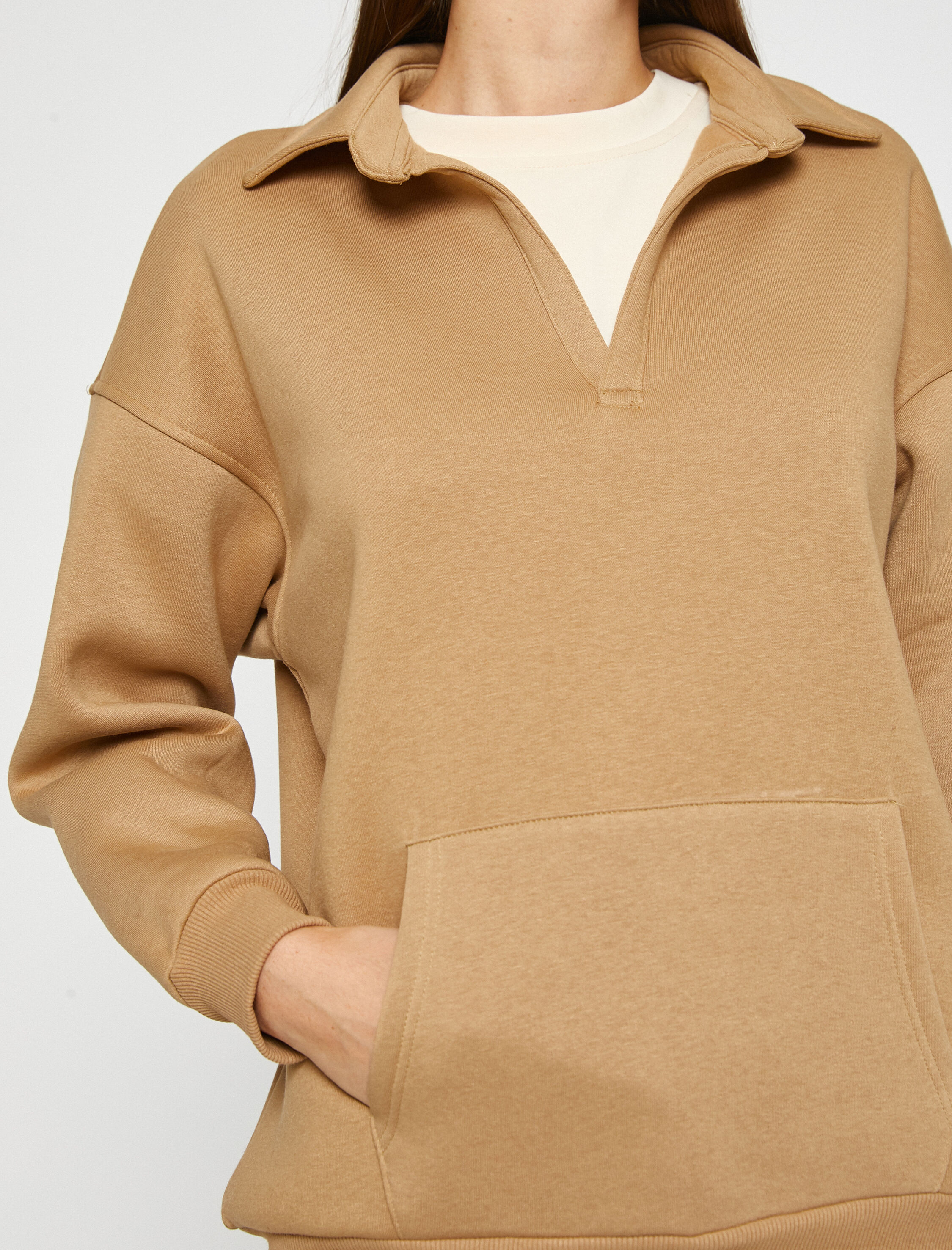   Polo Yaka Sweatshirt Oversize Kanguru Cepli İçi Polarlı