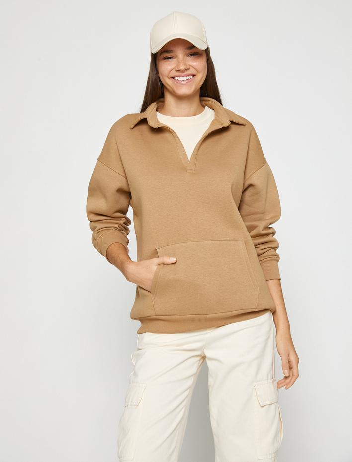  Polo Yaka Sweatshirt Oversize Kanguru Cepli İçi Polarlı